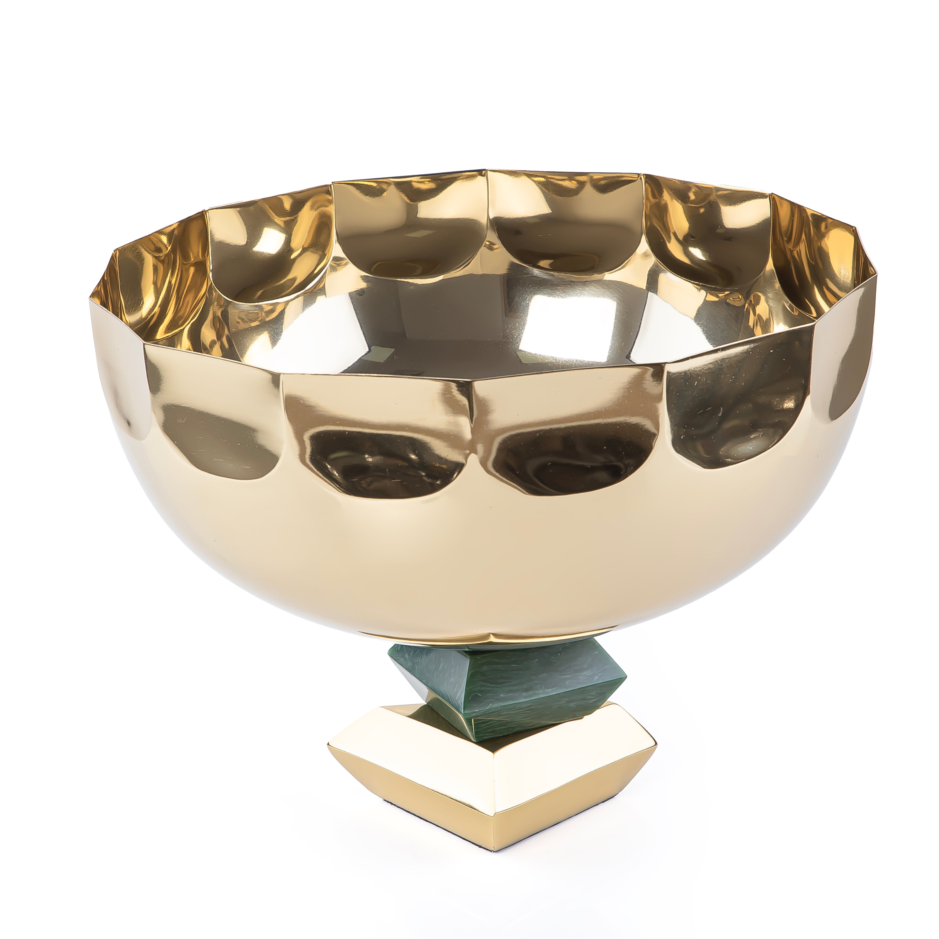 Round Metal Serving Bowl with base stand with gift box - Gold & Green