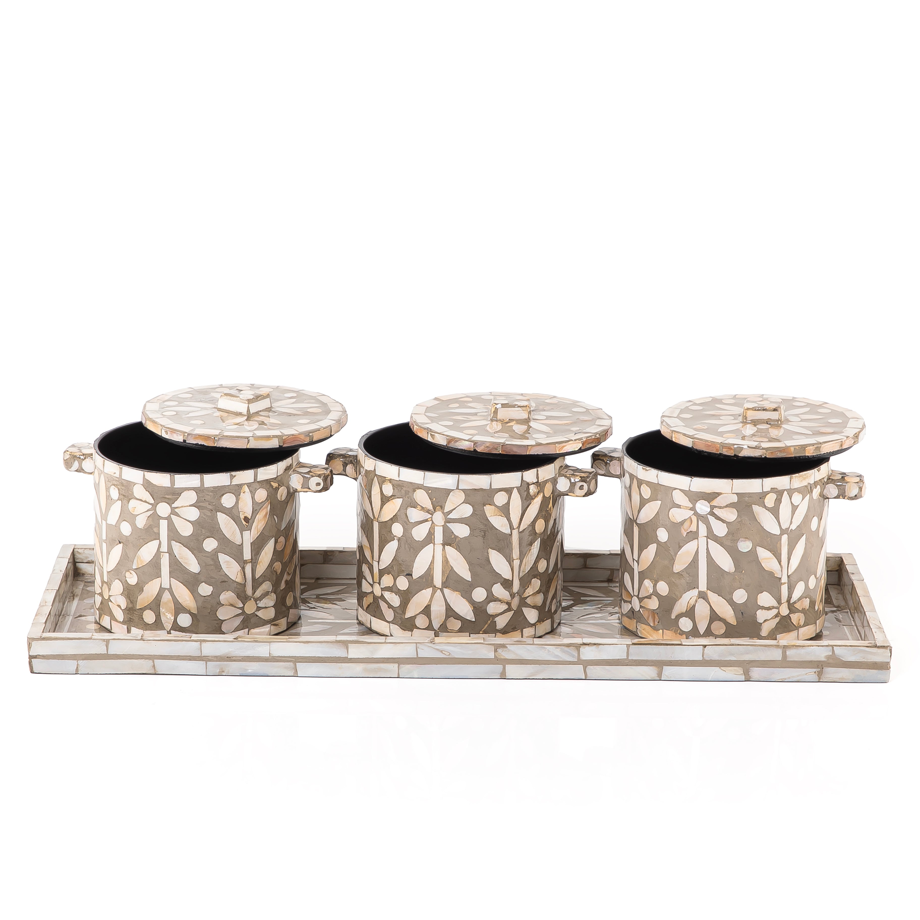 Set of 3 Mother of Pearl Jars with Lids and Serving Tray