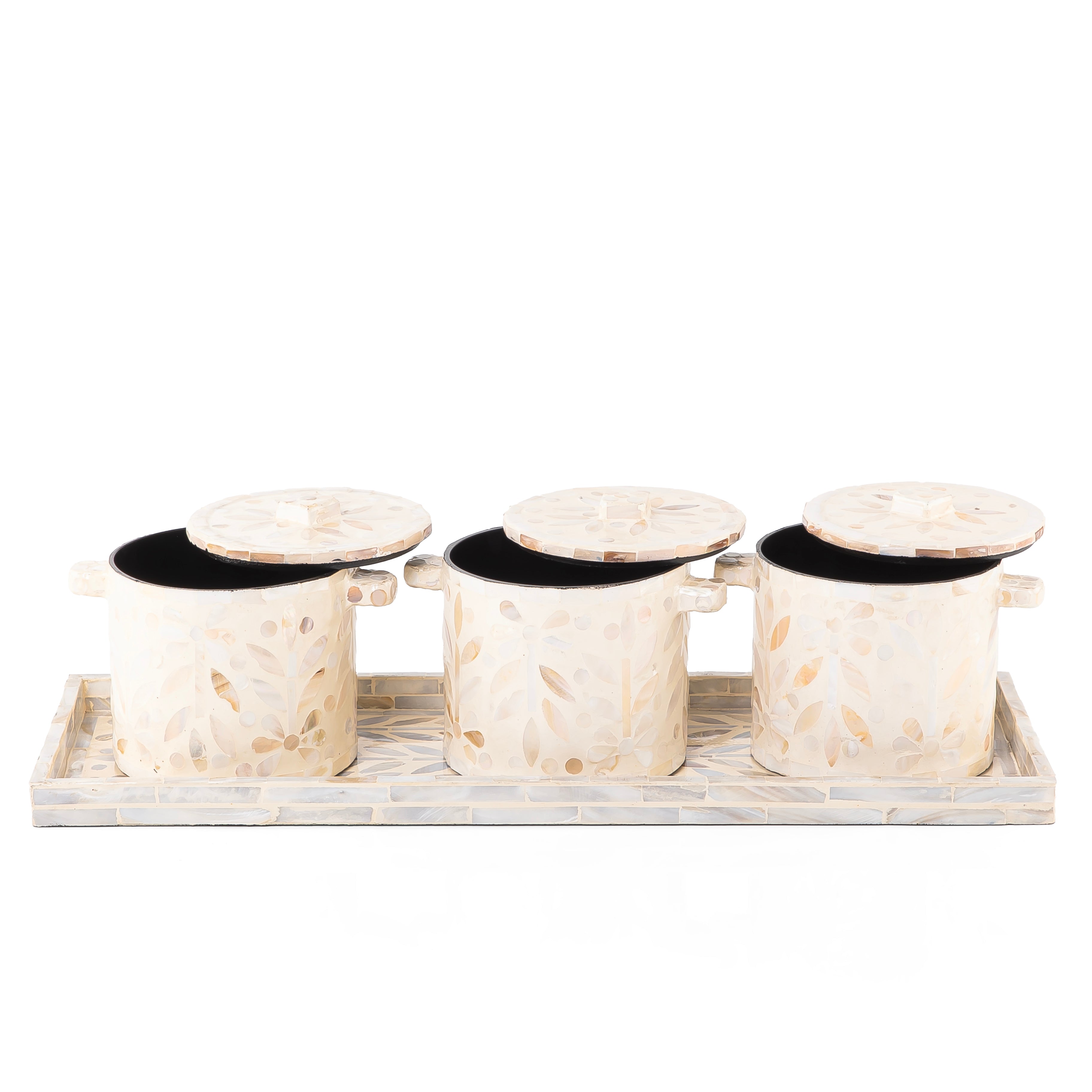 Set of 3 Mother of Pearl Jars with Lids and Serving Tray