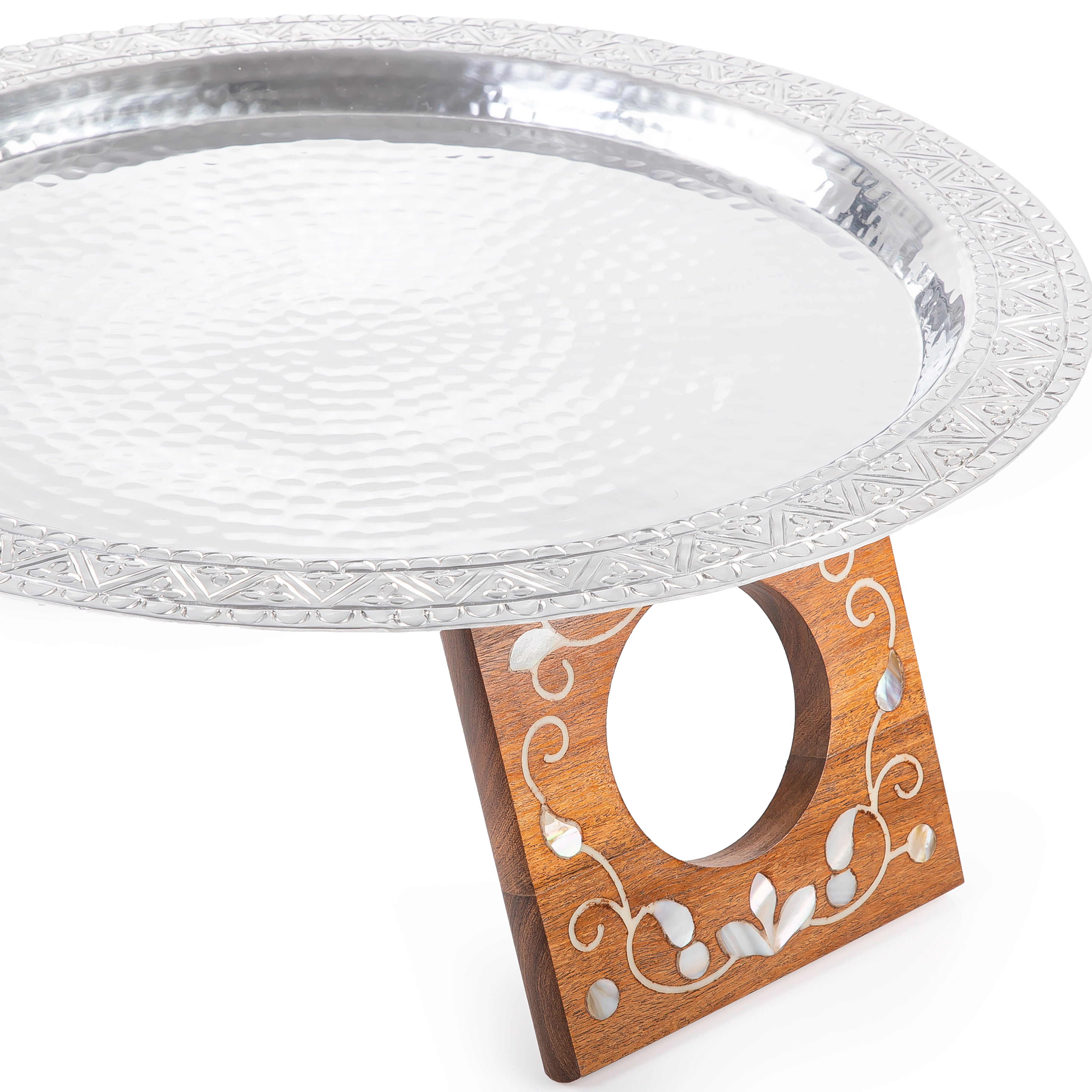 Round Aluminum Serving Tray with Wood and Mother of Pearl Base - Medium