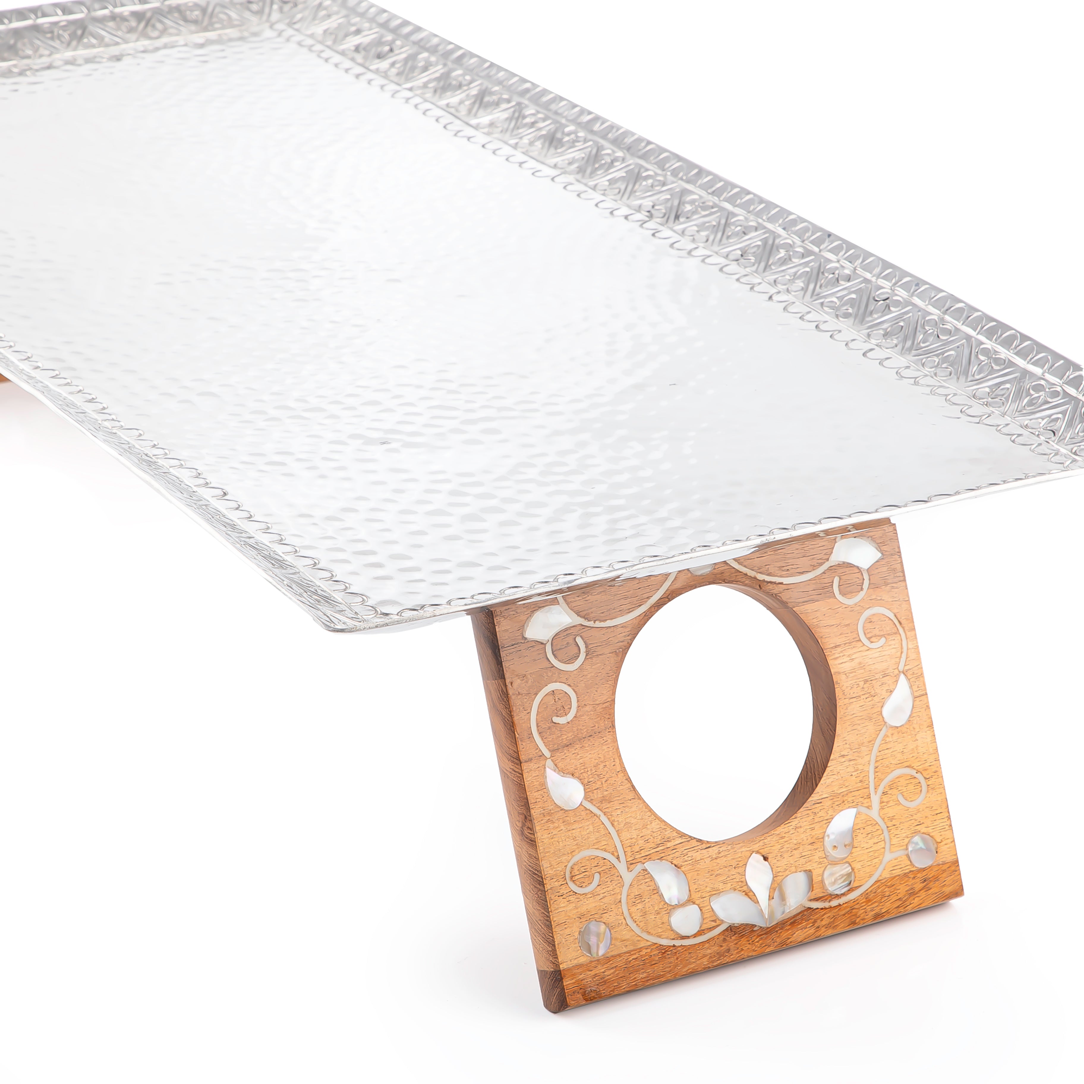 Rectangular Aluminum Serving Tray with Wood and Mother of Pearl Base - Large