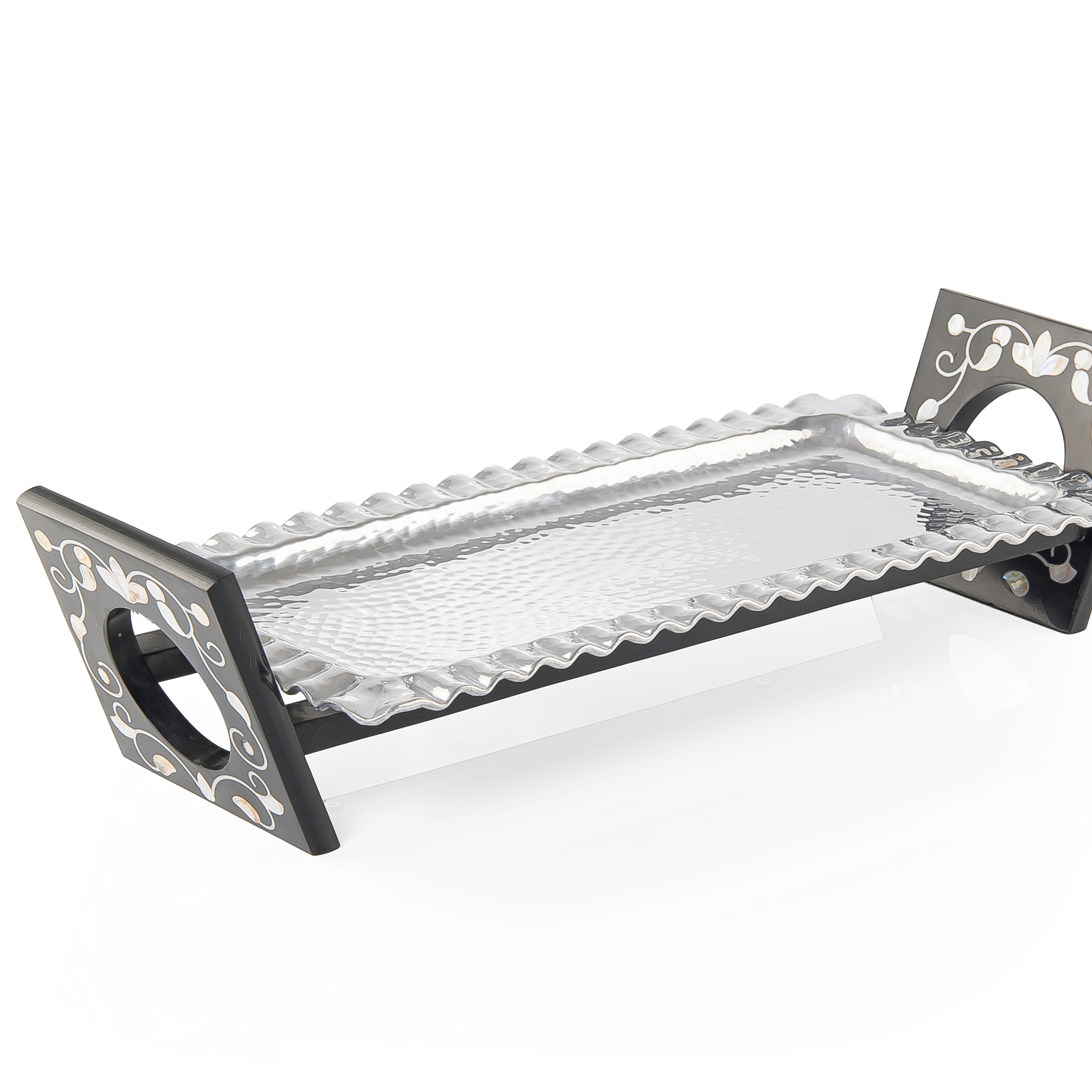 Rectangular Aluminum Serving Tray with Wood and Mother of Pearl Stand - Medium