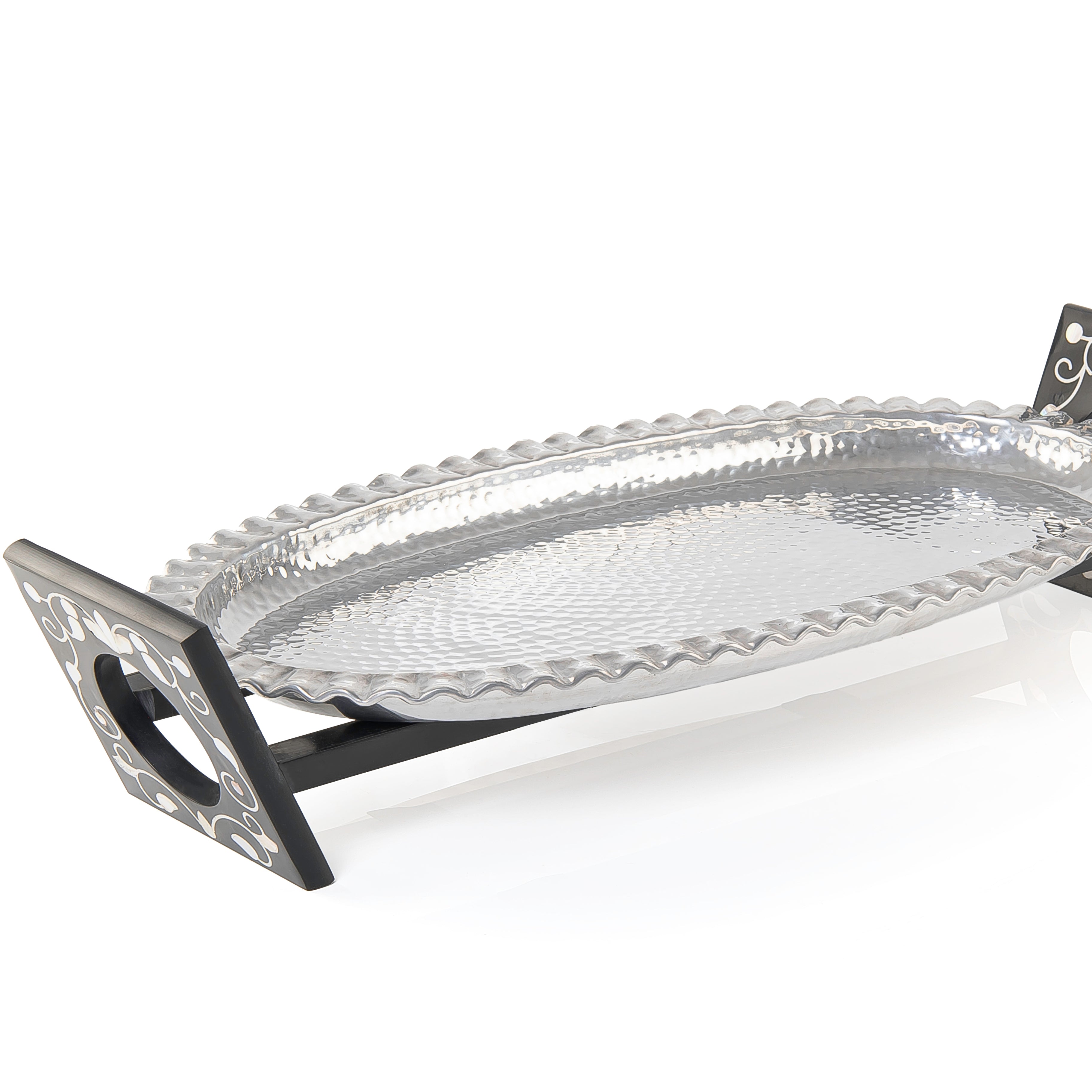 صينية تقديم بيضاوية من الألومنيوم مع حامل من الخشب والصدف - كبير