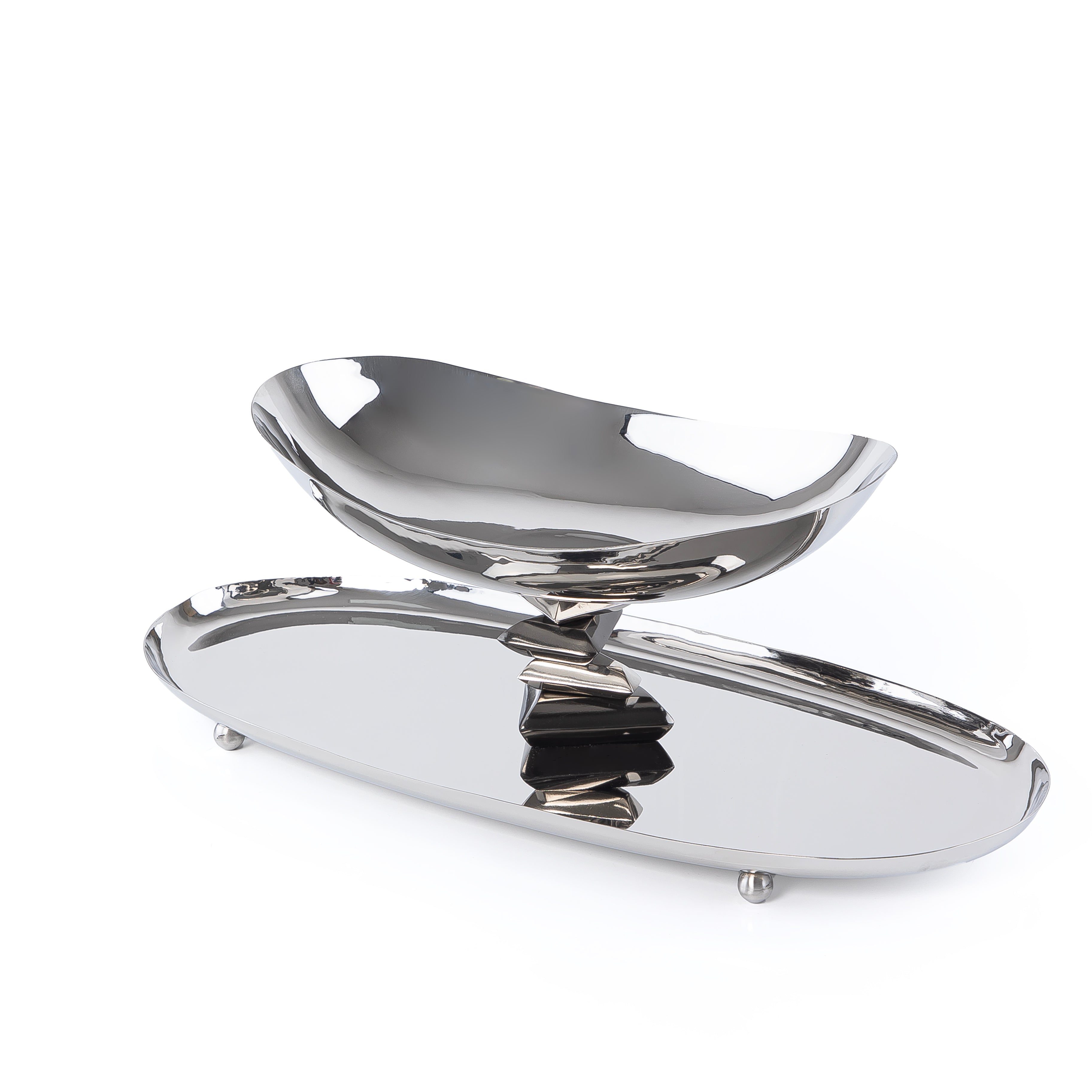 Oval Metal Dish with Bowl 2-Tires - Silver