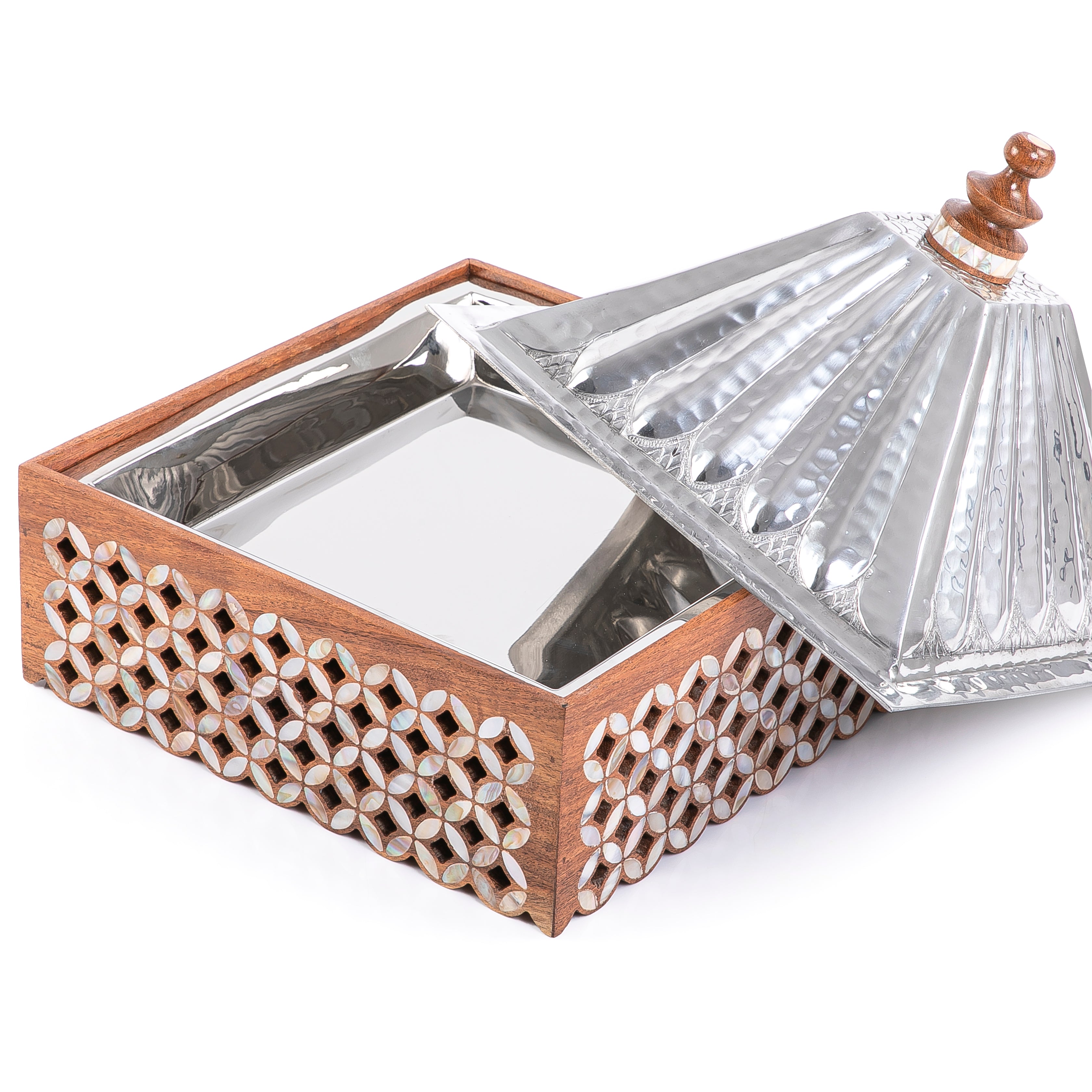 Square Stainless Steel Food Warmer with Wooden Base - Small