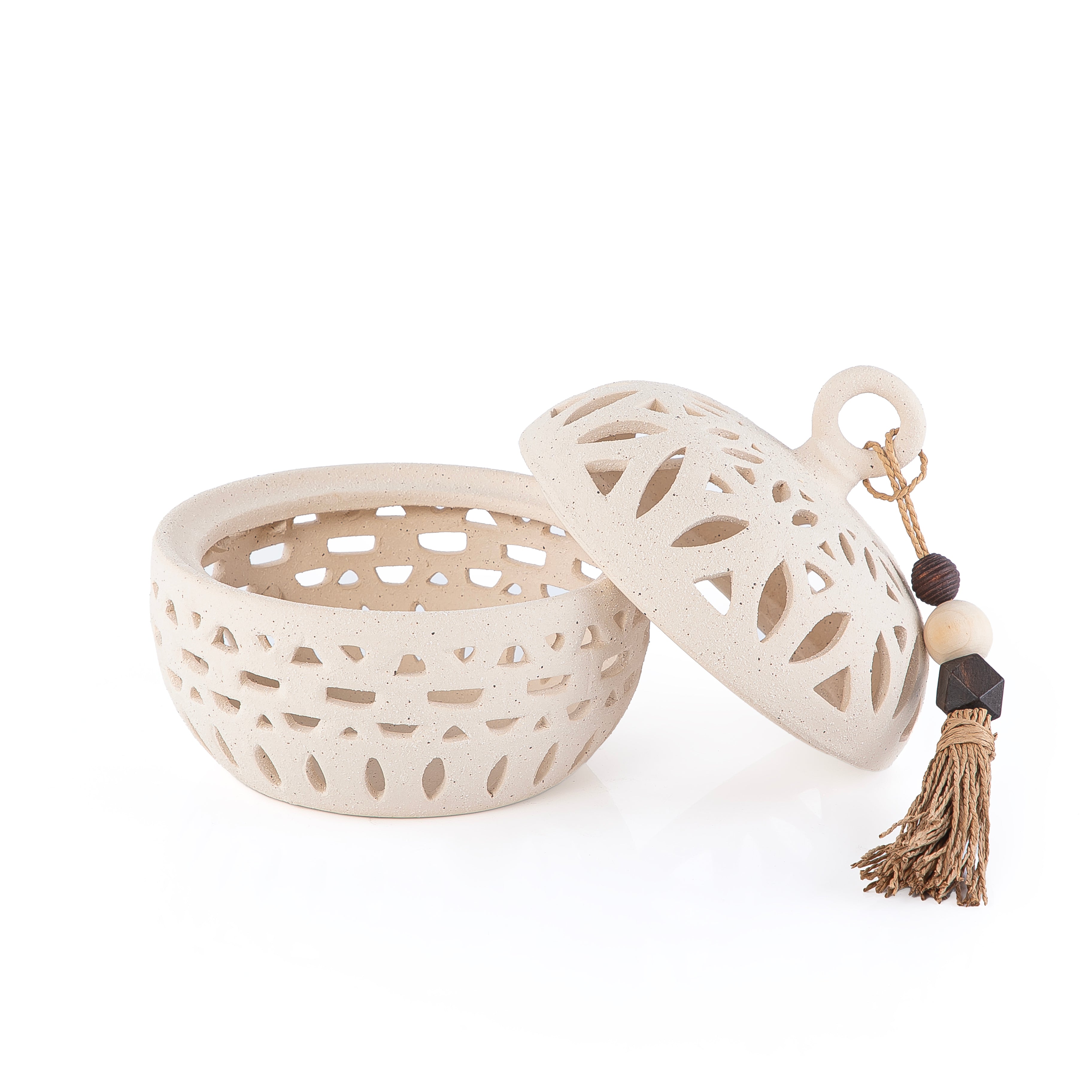 Gergaan decoration pottery round bowl with lid - small