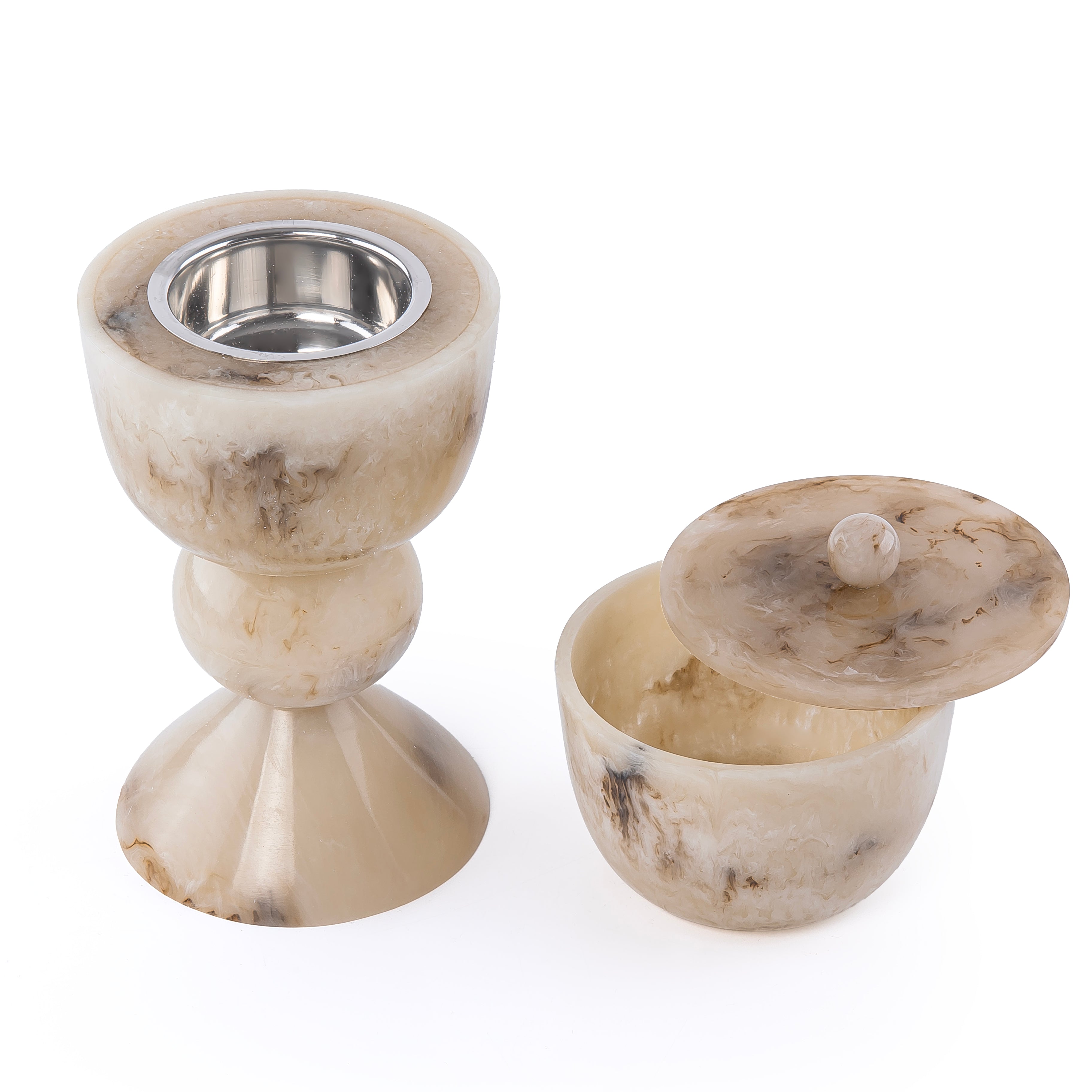 طقم مبخر أنيق من الراتنج مكون من قطعتين - بيج