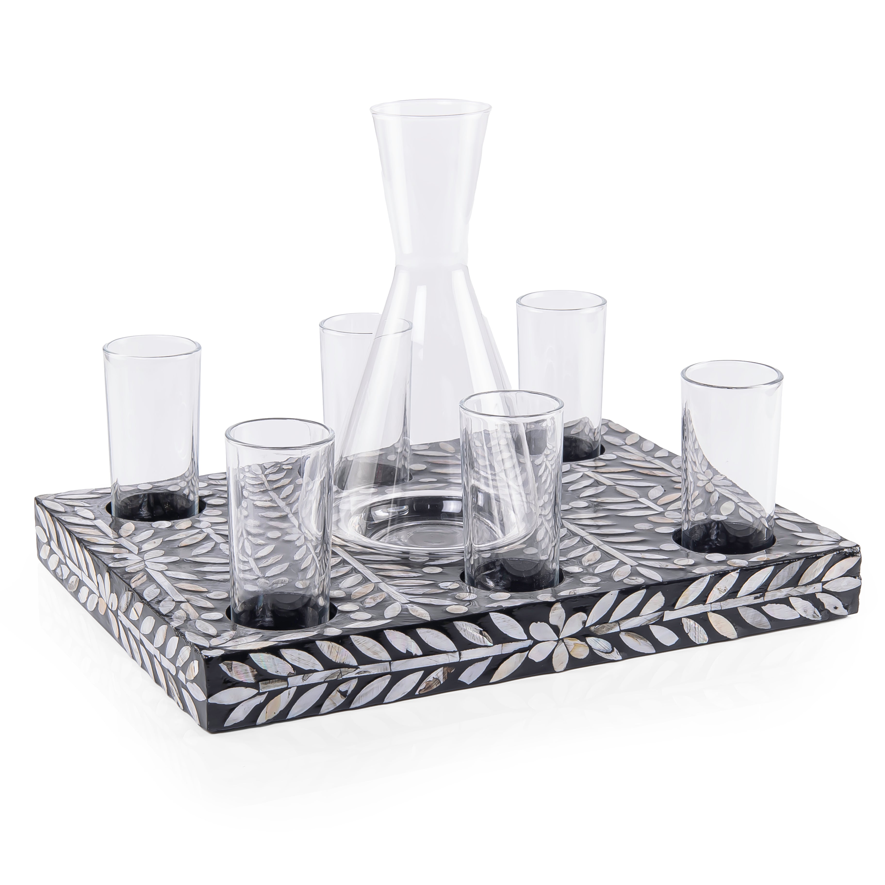 Square wooden serving tray set with 6 glasses a carafe and gift box