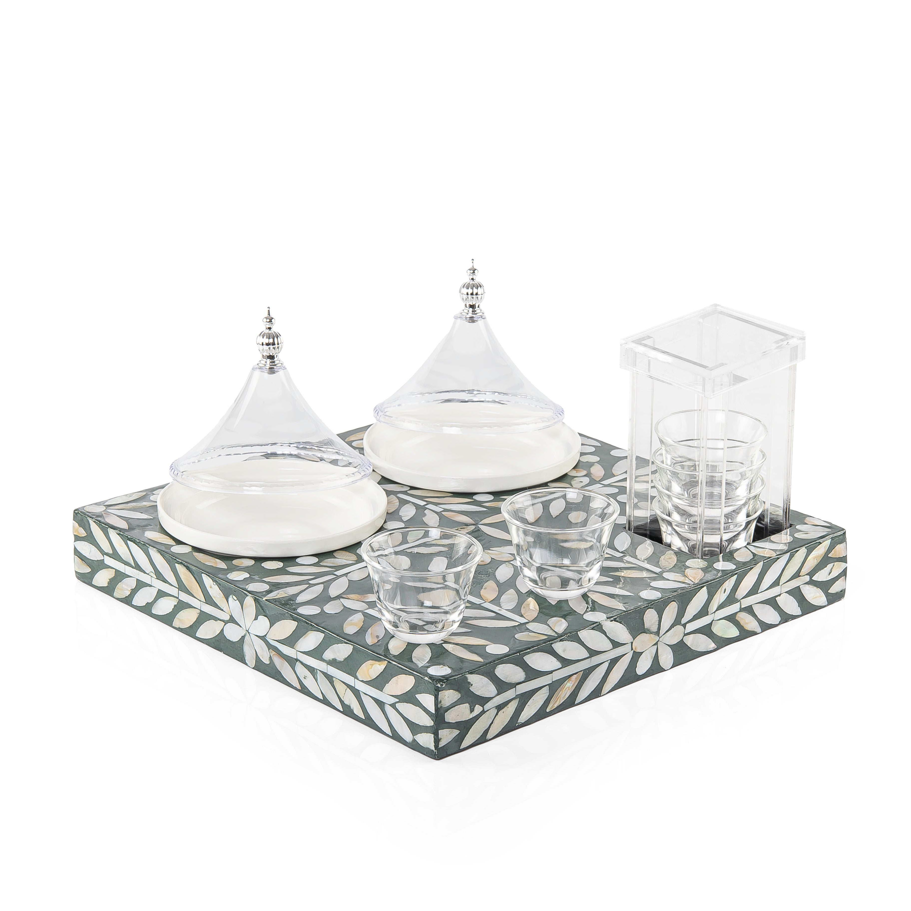 Wooden tray set with 6 coffee cups and dishes a carafe and a gift box