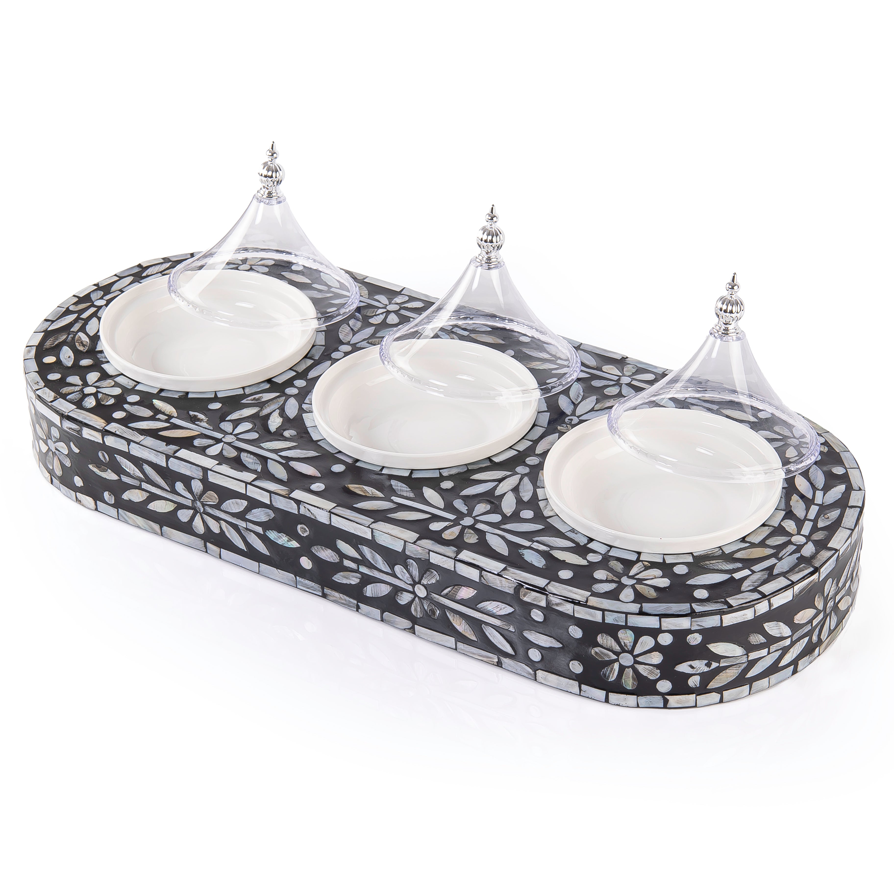 Mother of Pearl Tray Set with 3 Ceramic Dishes and Lids in Gift Box