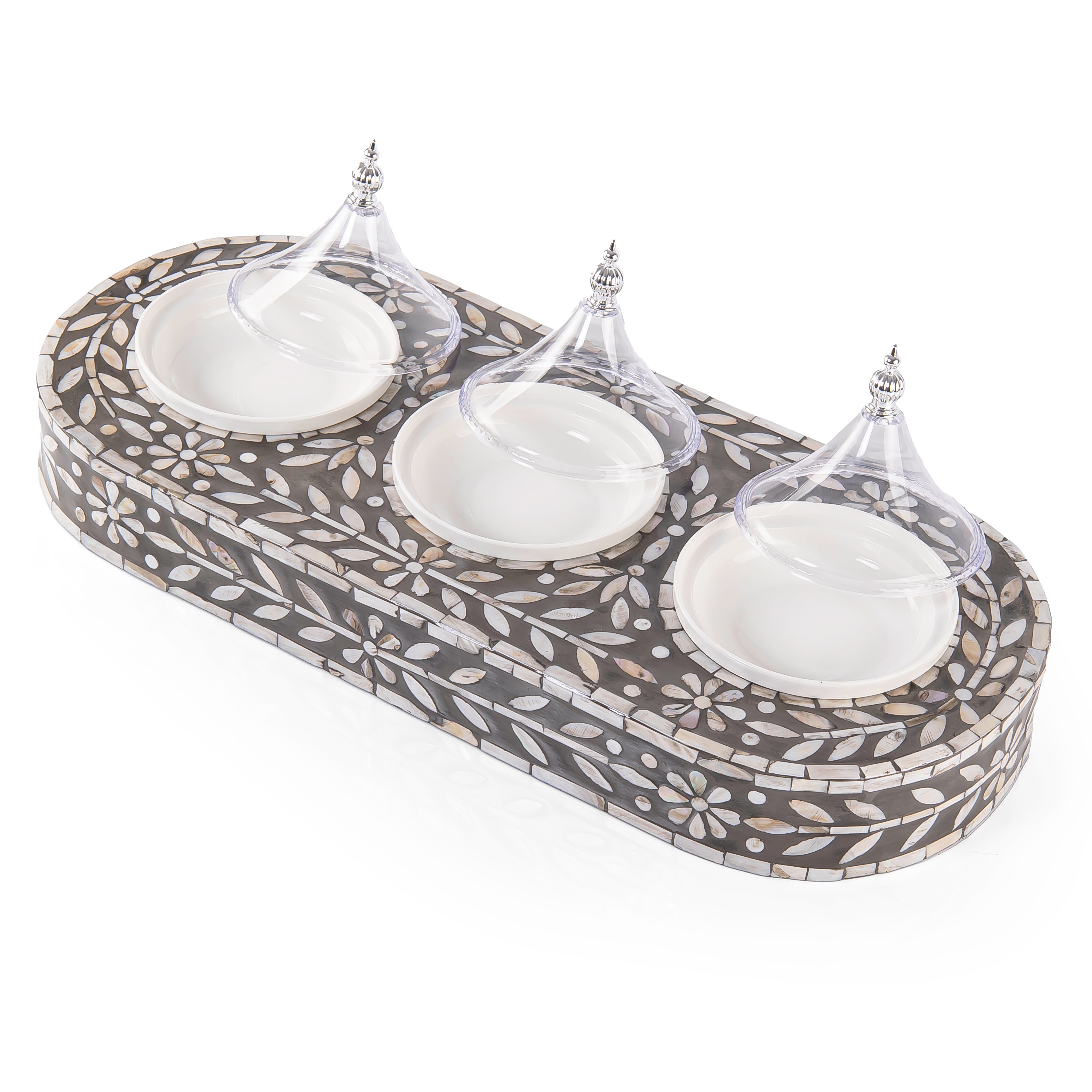 Mother of Pearl Tray Set with 3 Ceramic Dishes and Lids in Gift Box