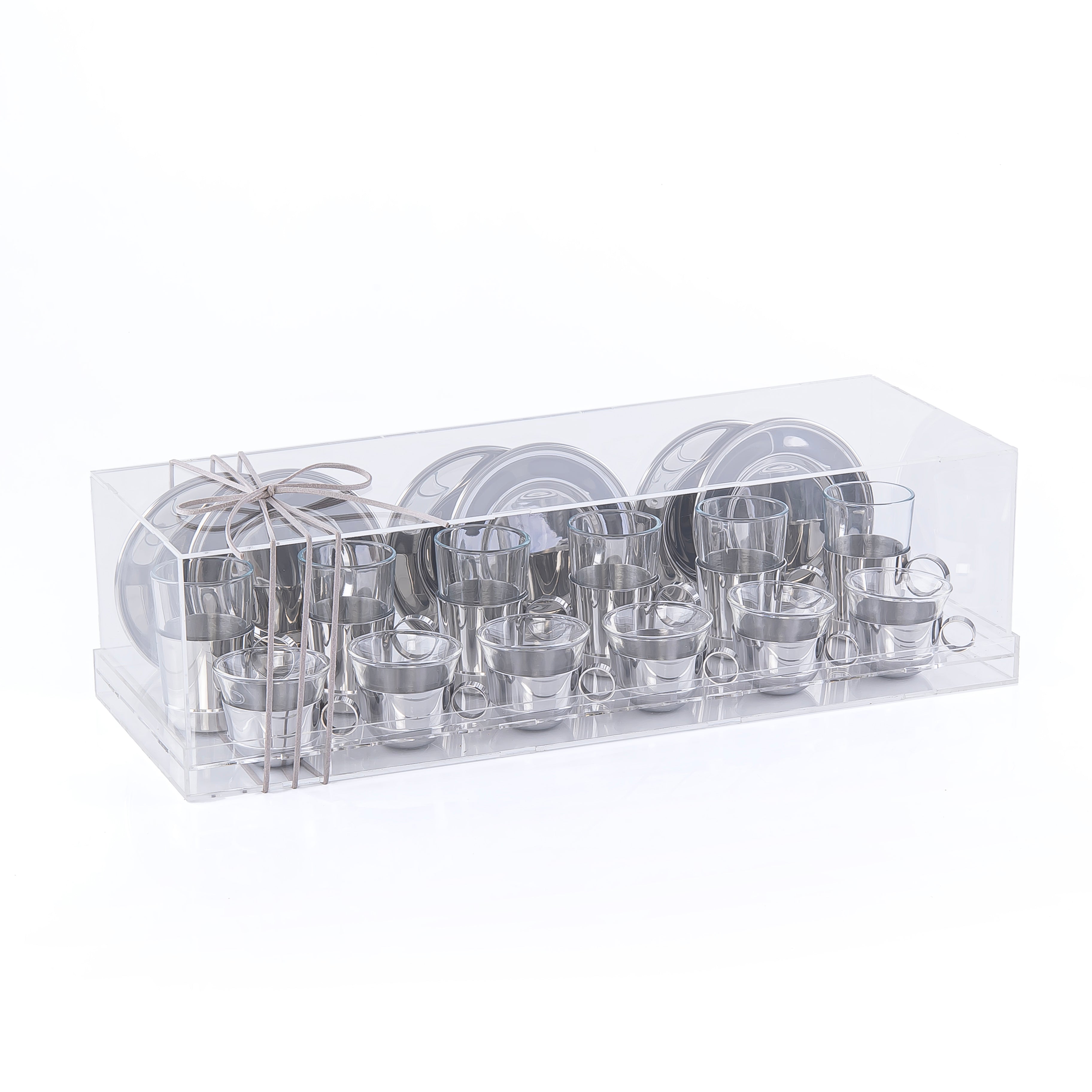 Set of 6 Coffee Cups & 6 Tea Cups and 6 Plates with Acrylic Box - Silver
