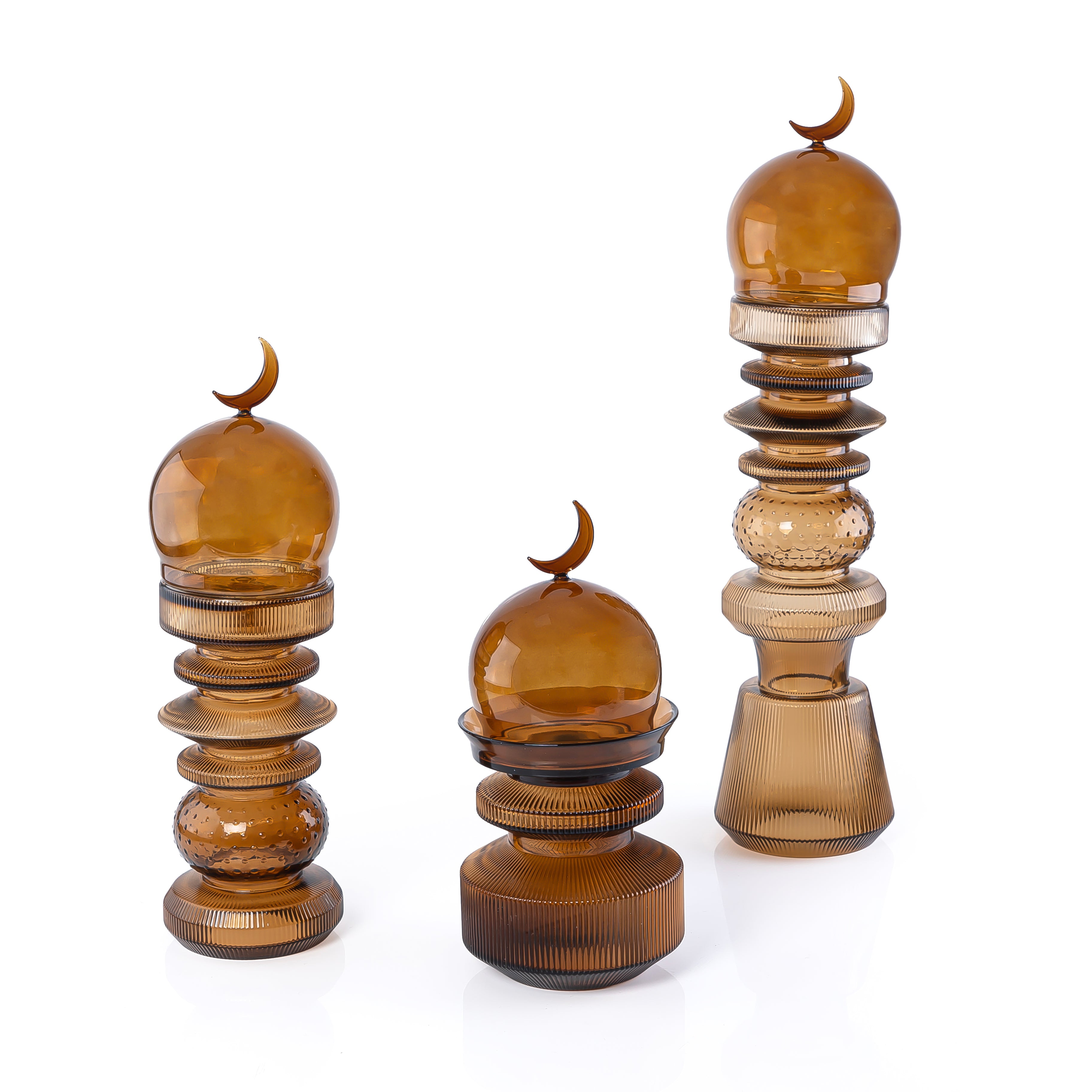 3-Pcs Glass Set ( 2 Minarets Décor + Date Bowl ) with Gift Box - Brown