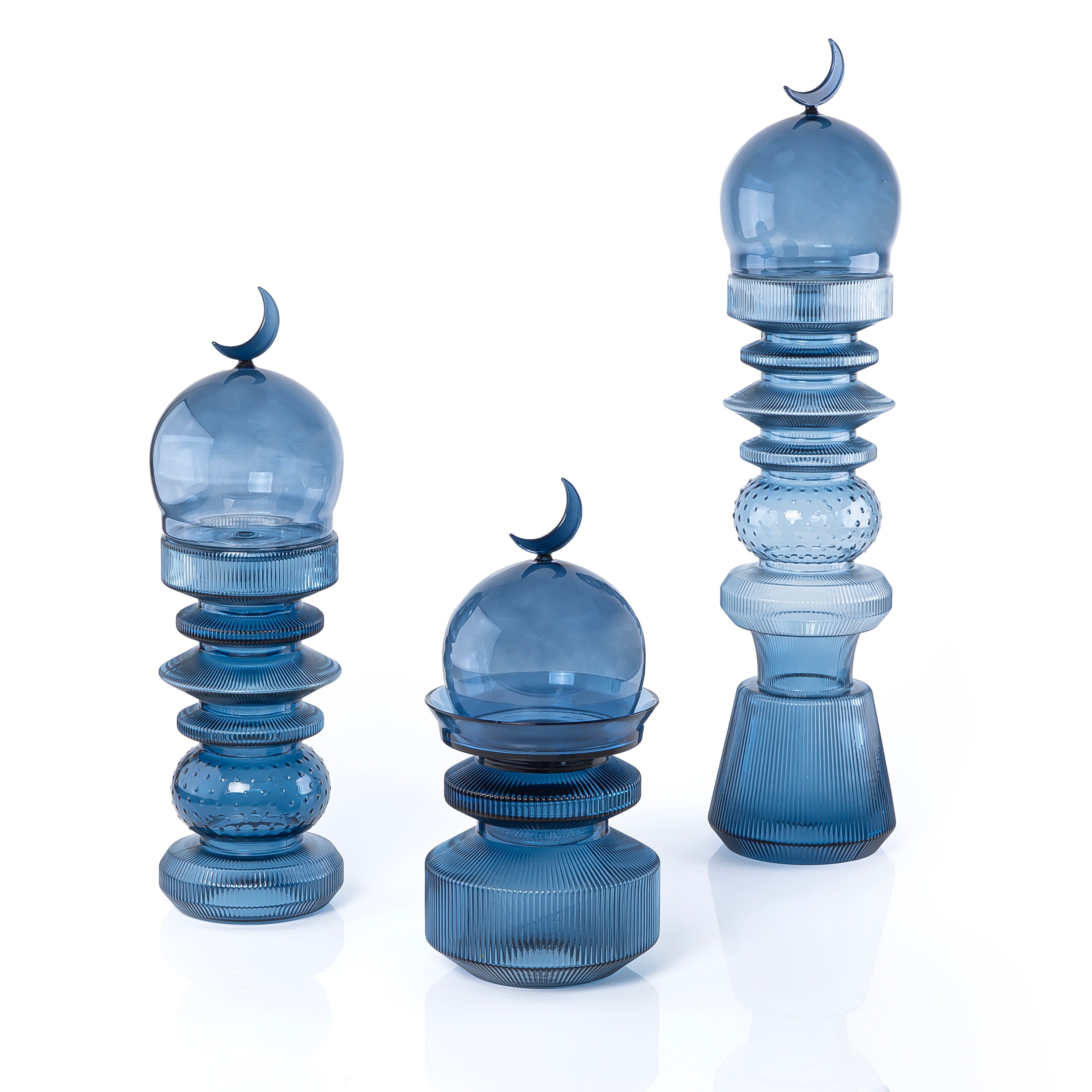 3-Pcs Glass Set ( 2 Minarets Décor + Date Bowl ) with Gift Box - Blue