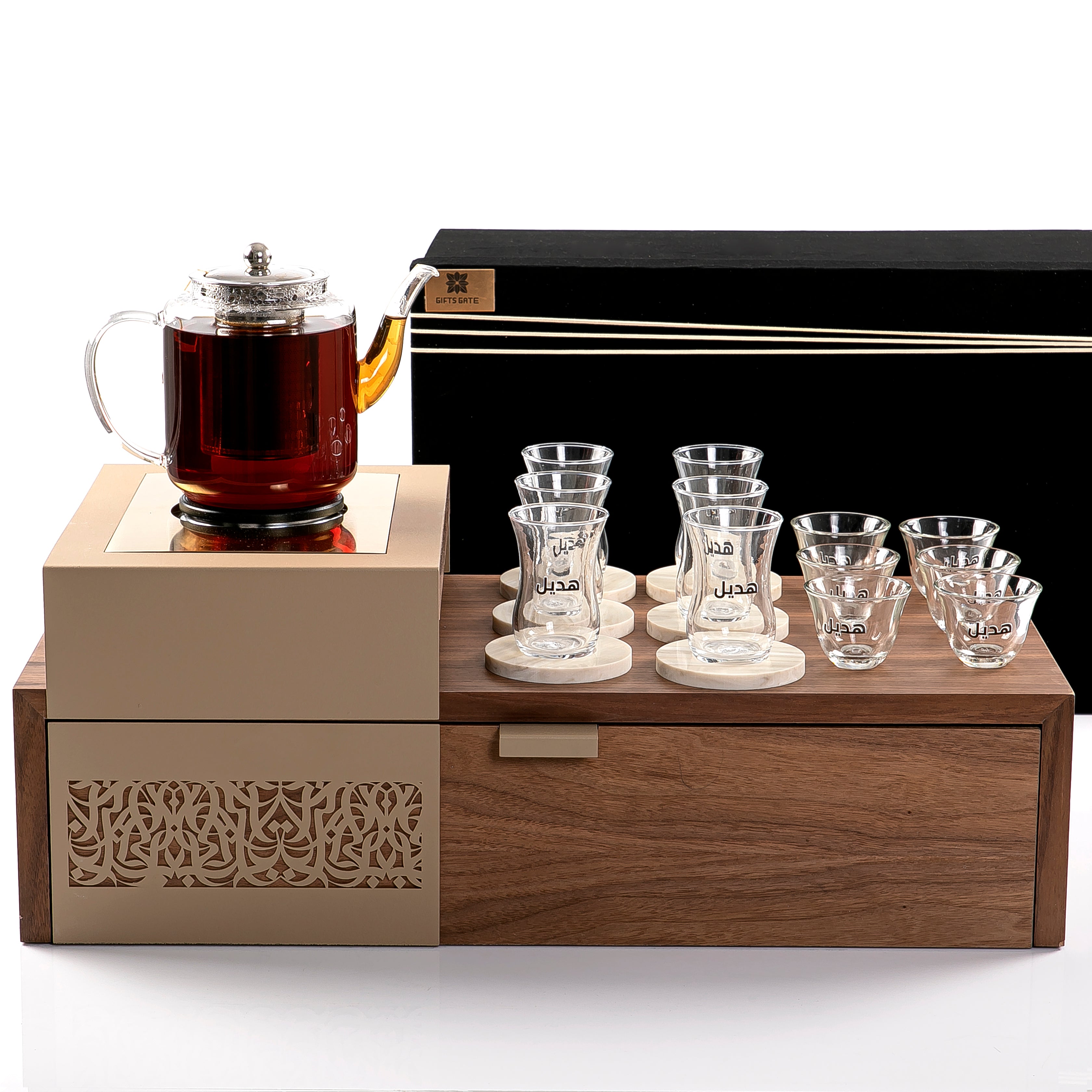 Wood Stand with Electric Warmer, Coffee and Teacups in Gift Box