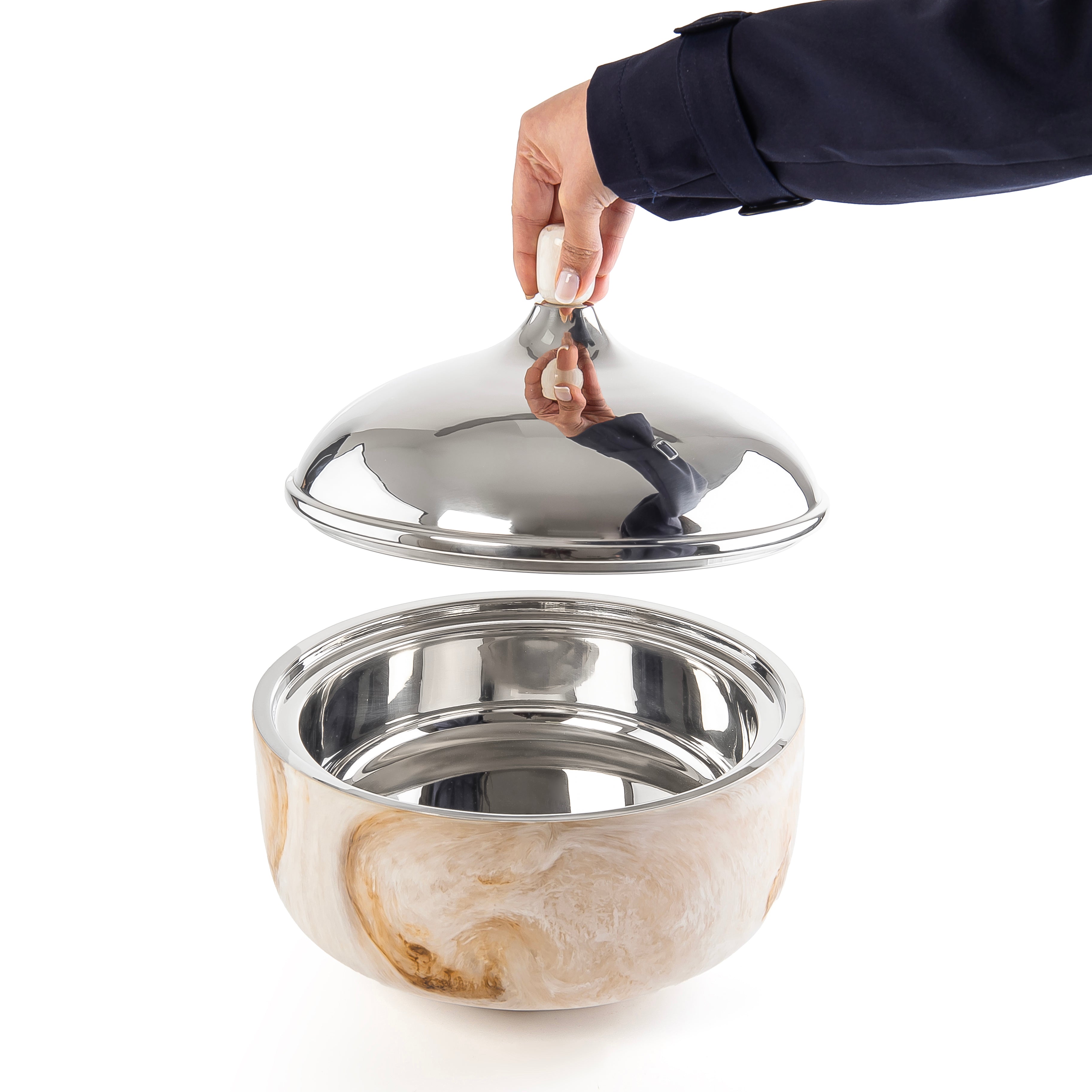 وعاء تقديم كبير حافظ للحرارة من الراتنج مع غطاء - بيج