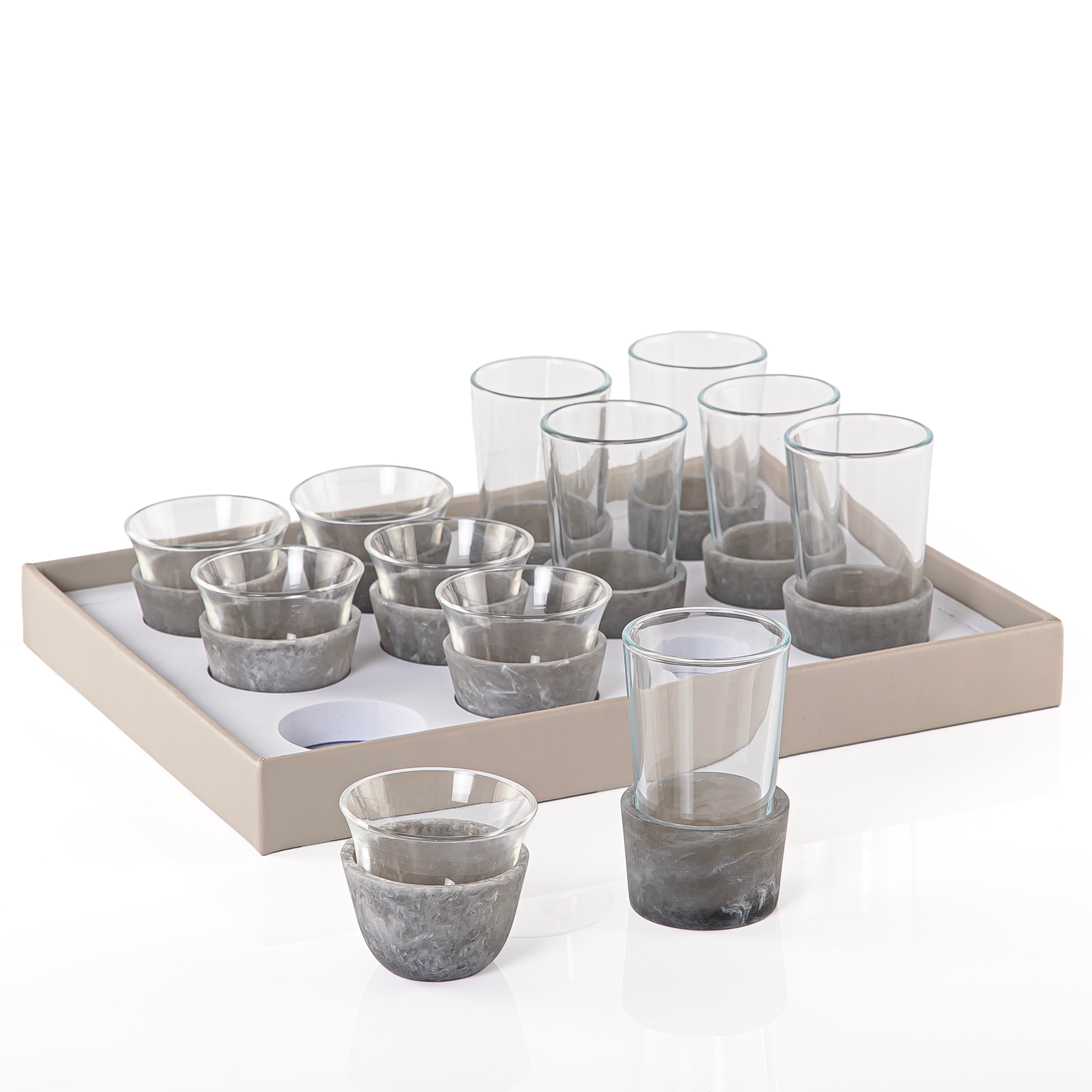 Leather Wrapped Tray Set with 6 Tea Glasses, 6 Coffee Cups and an Acrylic Cover