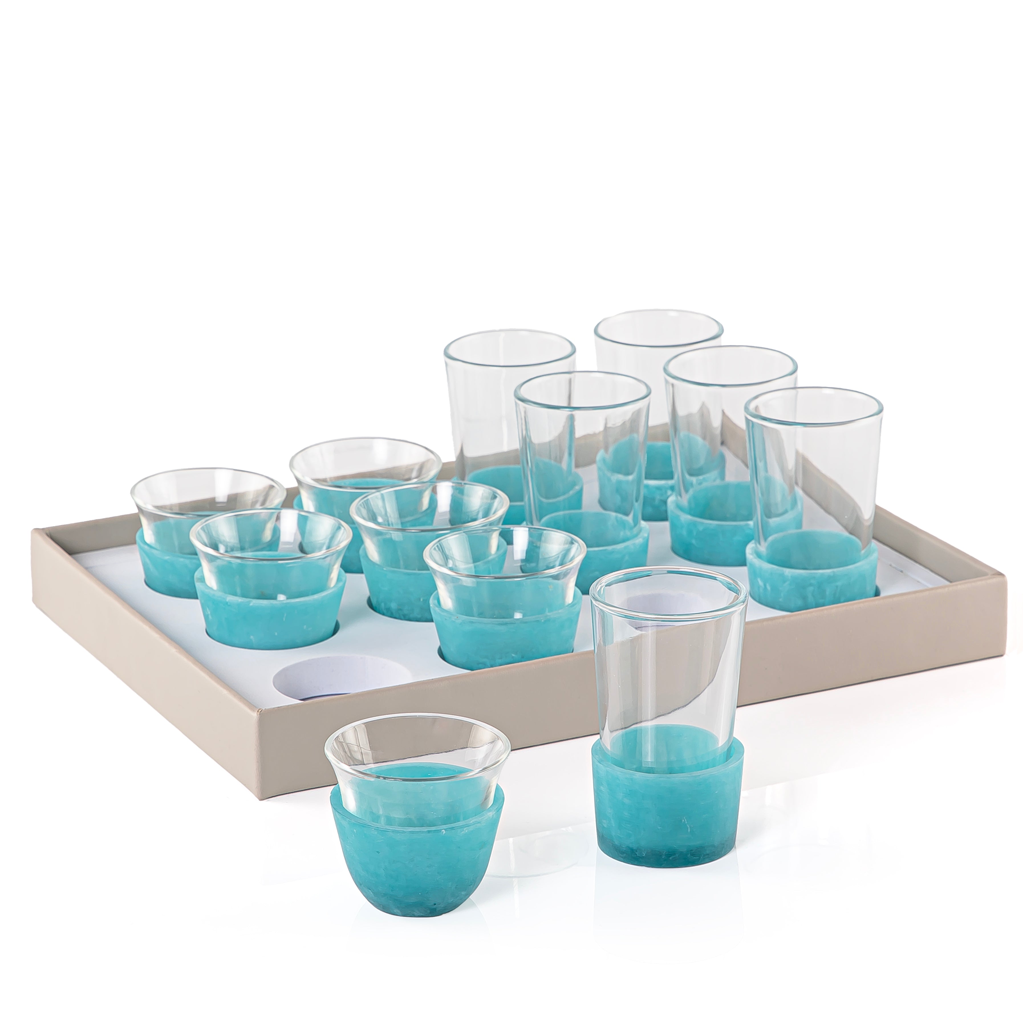 Leather Wrapped Tray Set with 6 Tea Glasses, 6 Coffee Cups and an Acrylic Cover