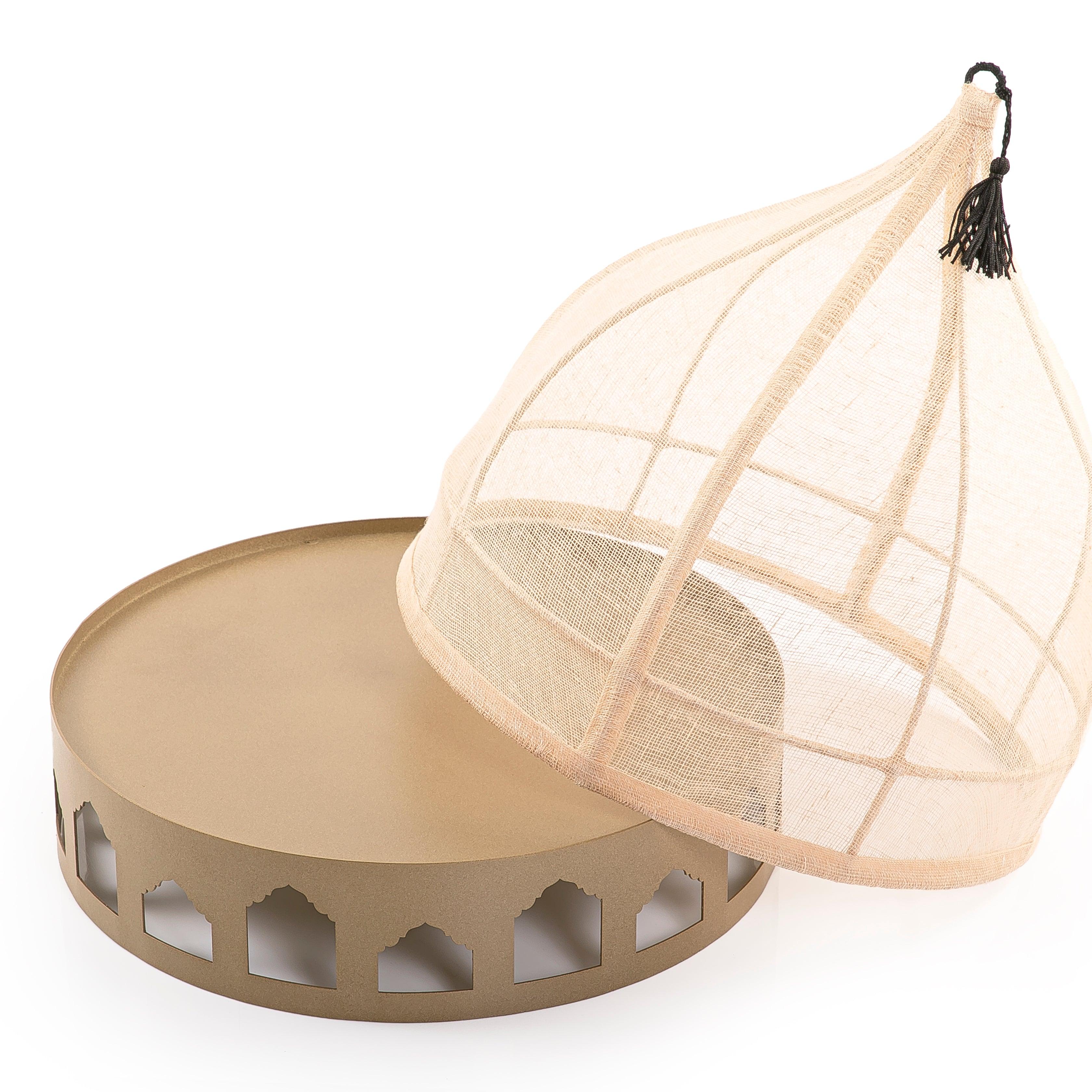 Golden round shape steel base with linen cover