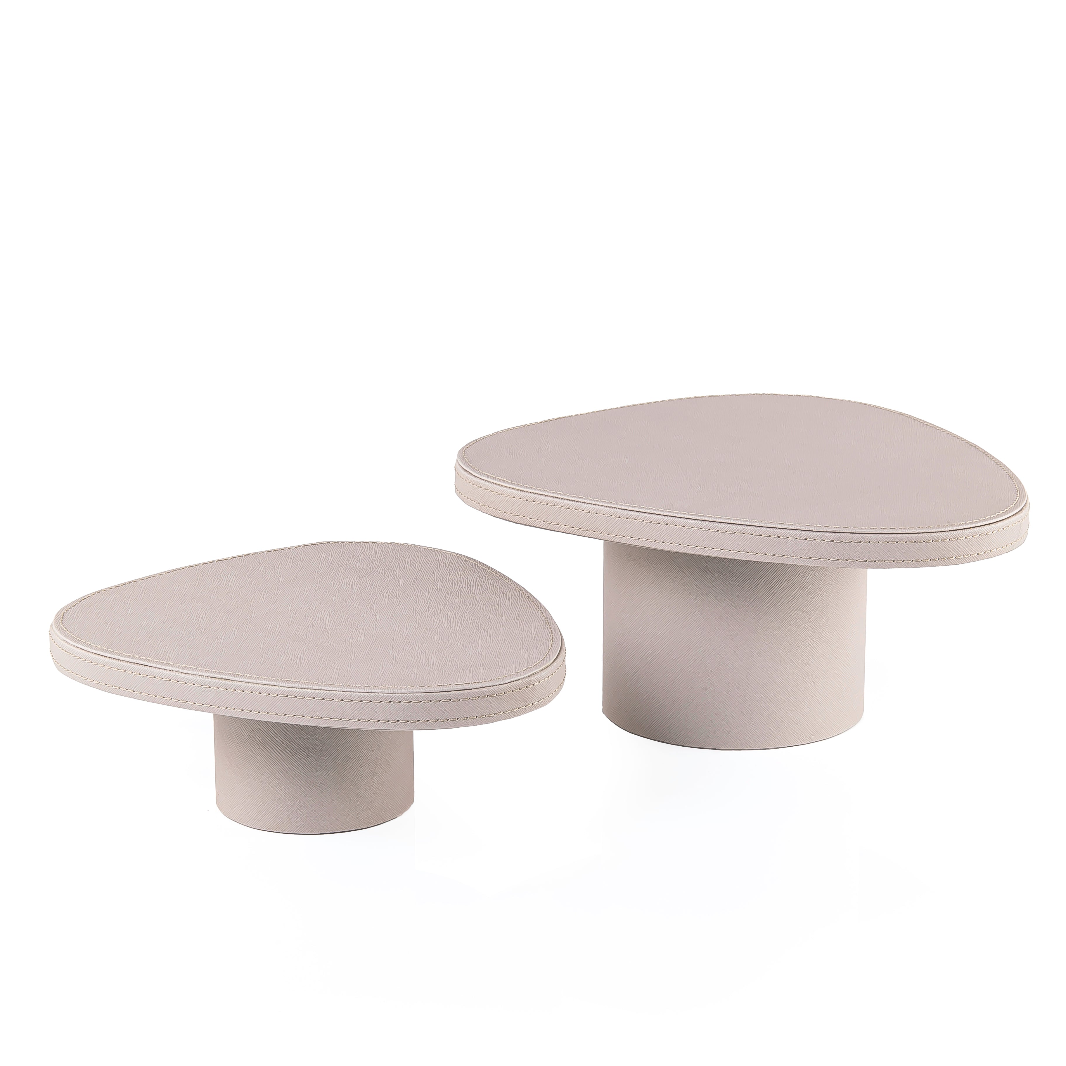 Set of 2 Leather Covered Wooden Stands with Cylindrical Bases - Light Grey