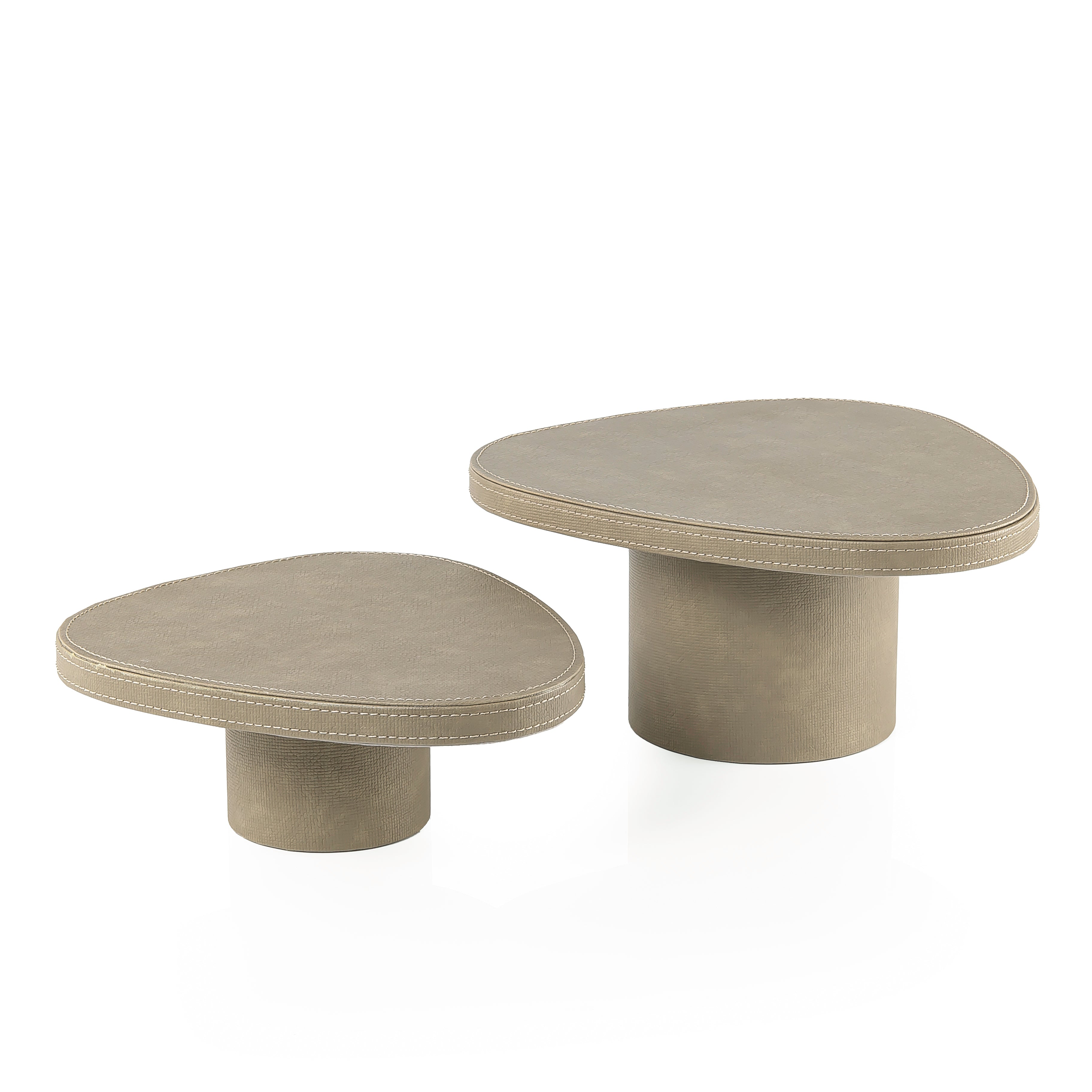 Set of 2 Leather Covered Wooden Stands with Cylindrical Bases - Olive