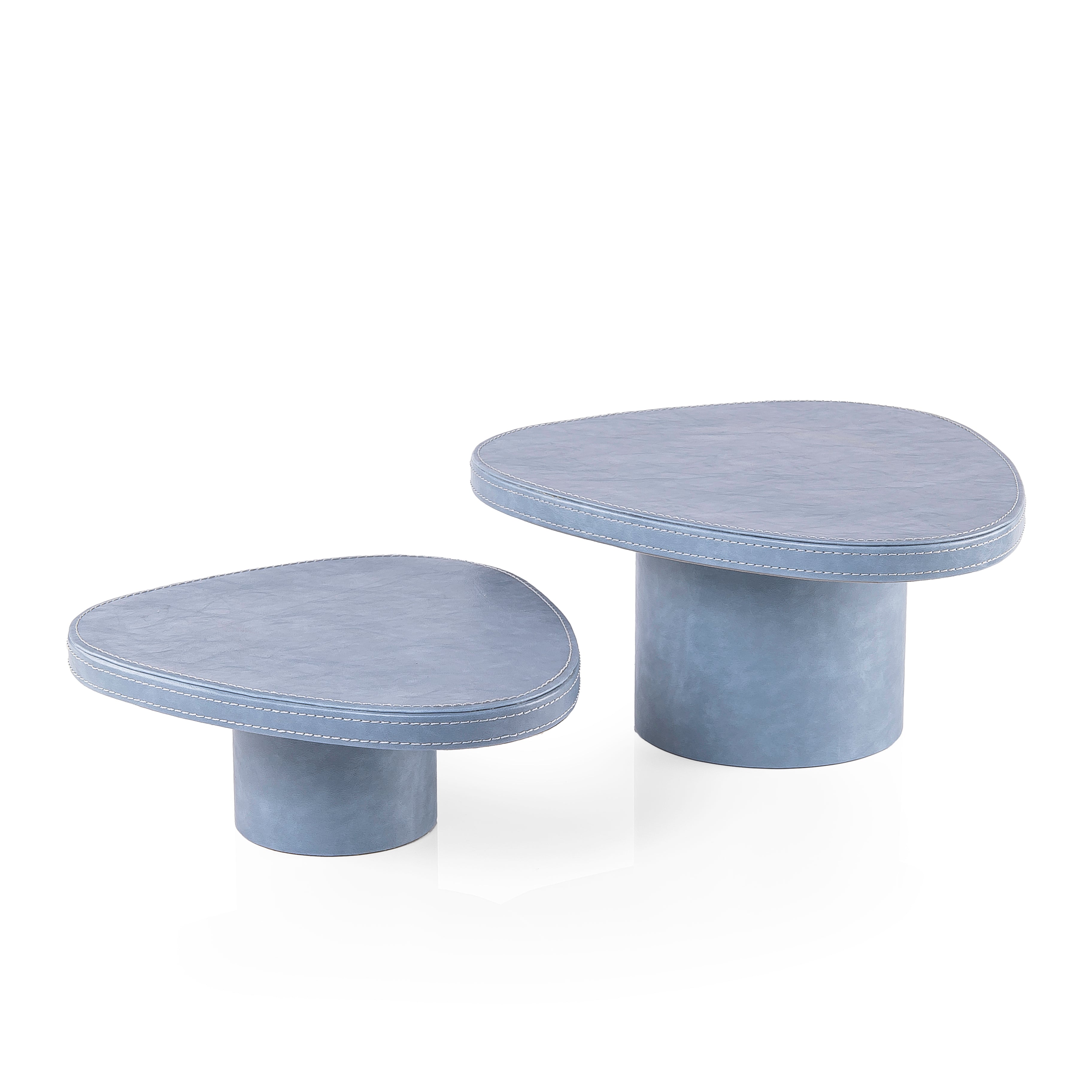 Set of 2 Leather Covered Wooden Stands with Cylindrical Bases - Blue