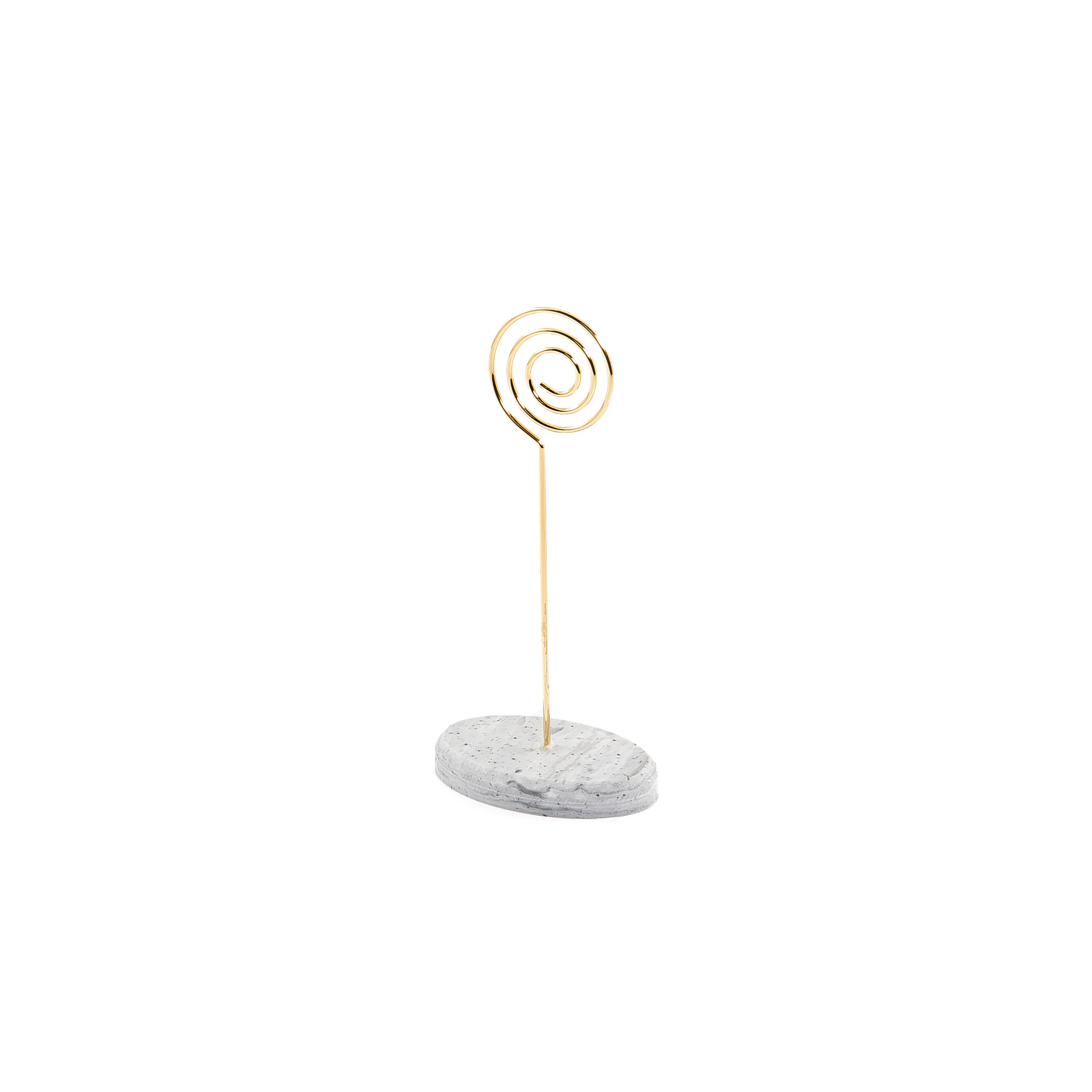 Hexagonal marble card stand with a golden steel column