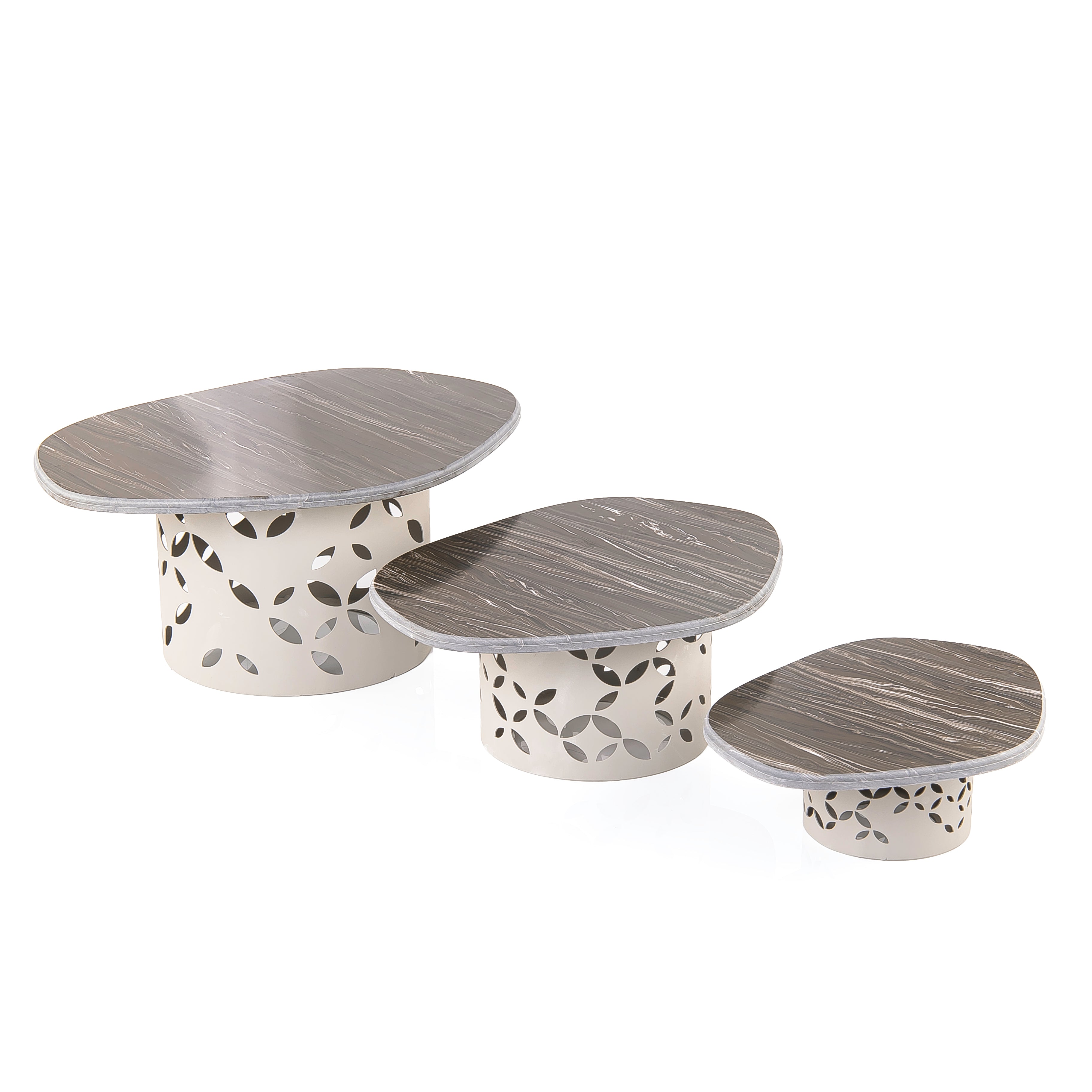 Set of 3 Marble Stand Set with Decorated Metal Base