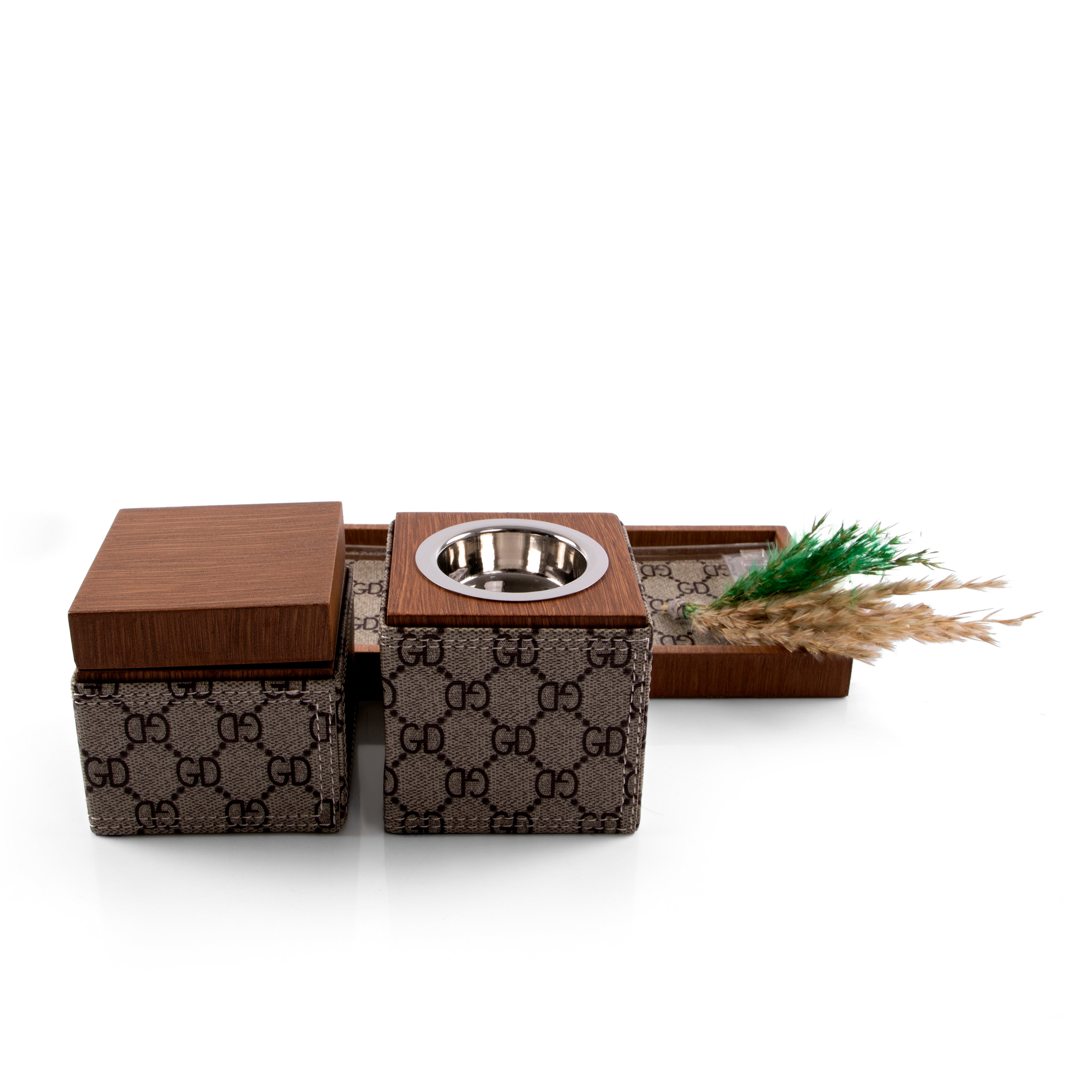 مبخرة خشب مع علبة بخور براند وصينية بغطاء أكريليك