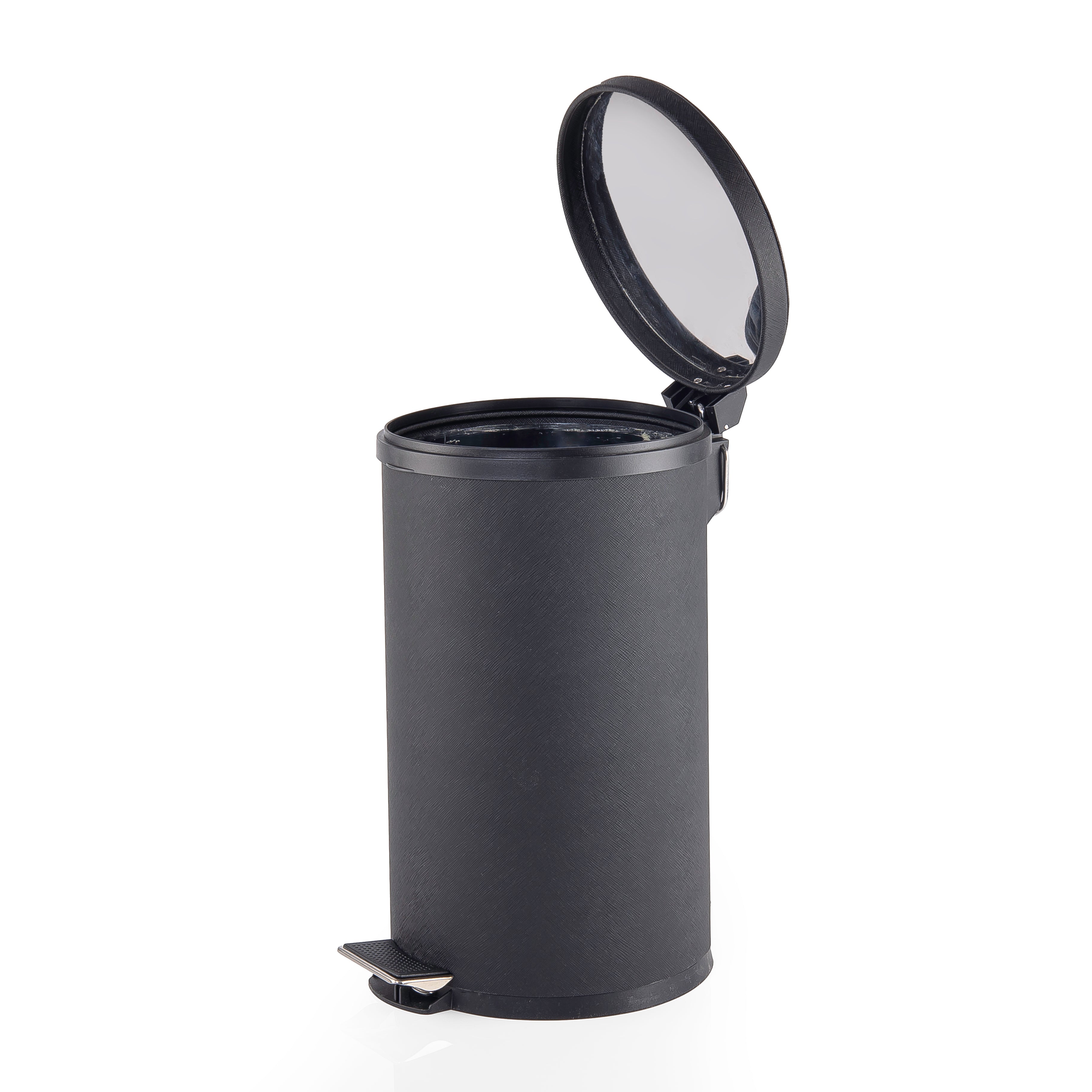 سلة نفايات فخمة من المعدن بتلبيسة جلد اسود - كبير