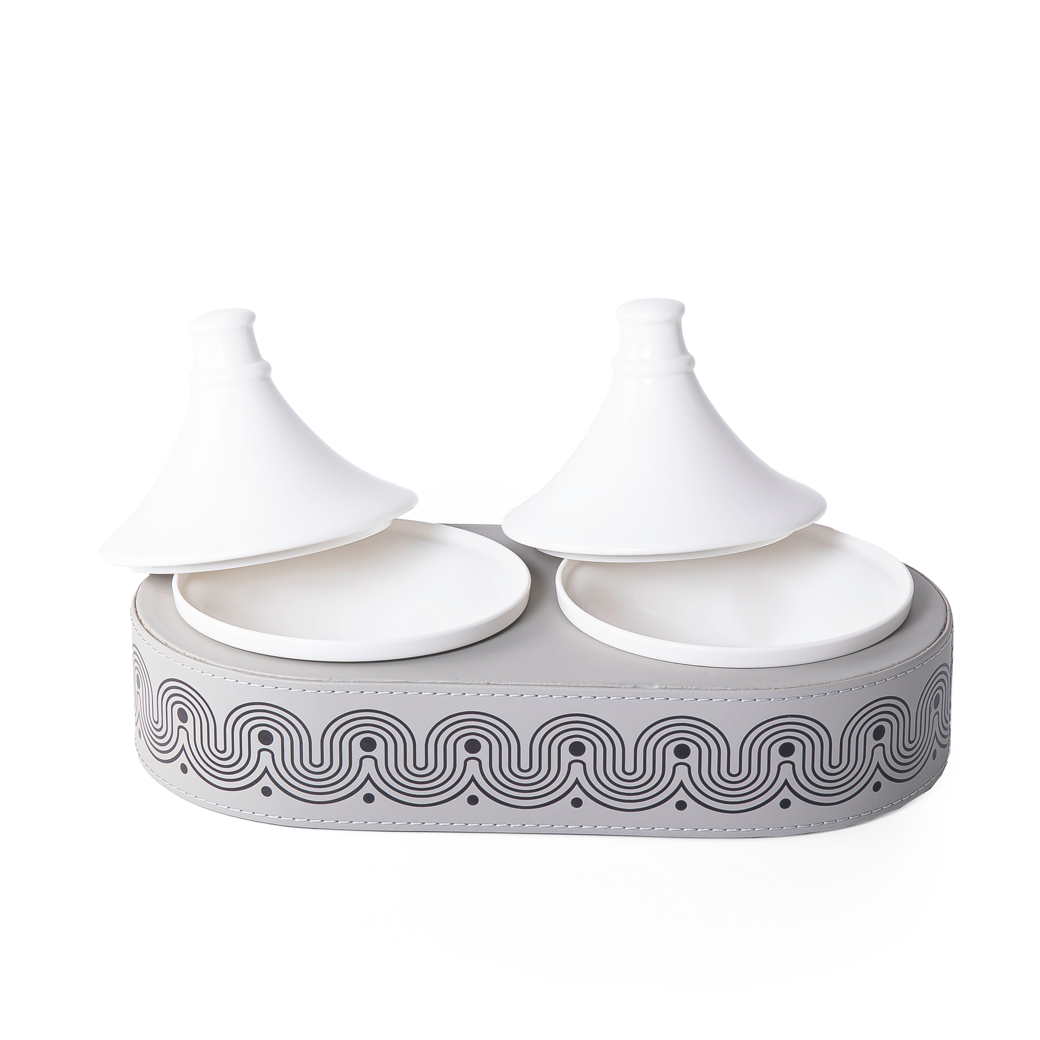 ستاند خشب بيضاوي بتلبيسة جلد مع 2 وعاء سيراميك بأغطية