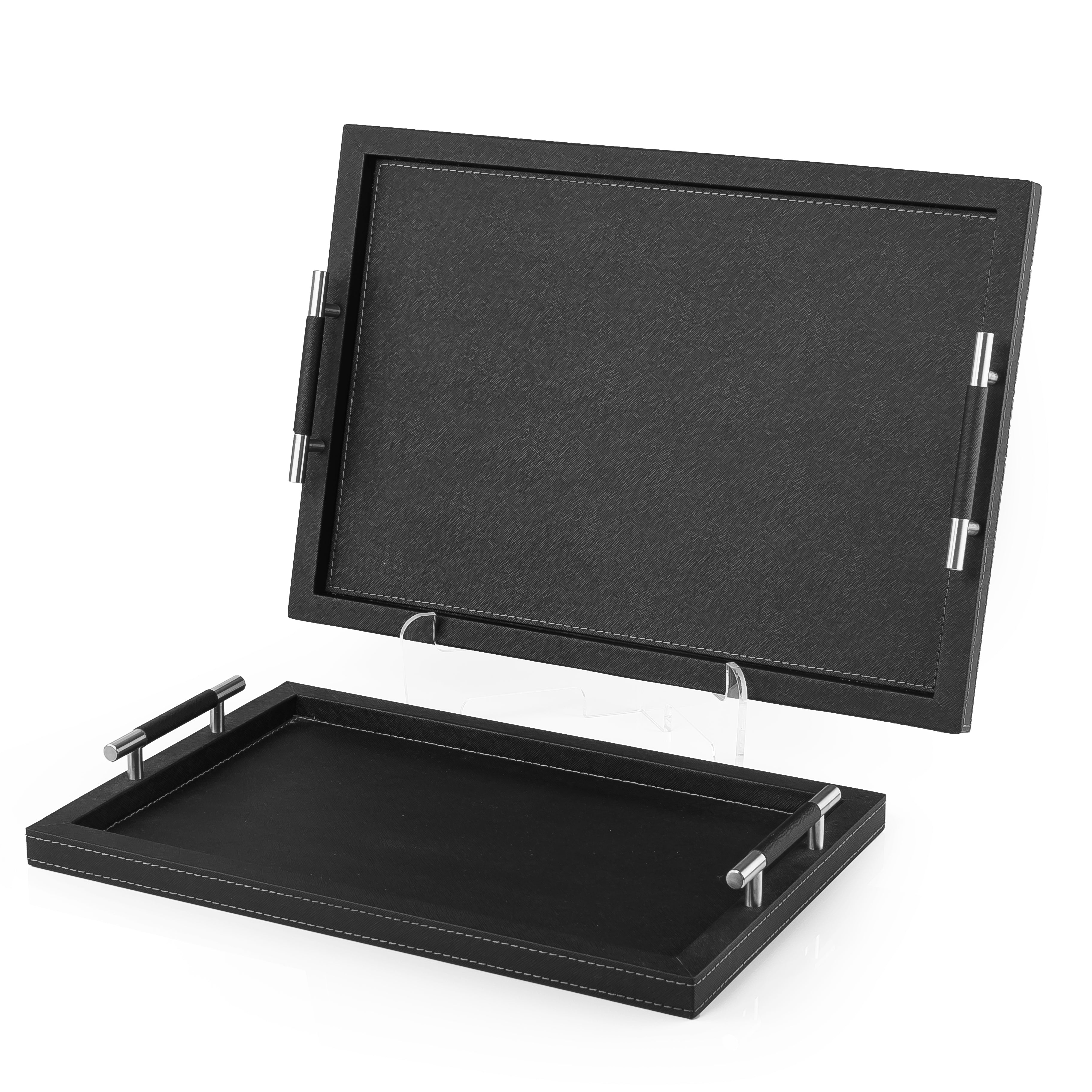 Set of 2 Rectangular Wooden Serving Trays Wrapped with Leather - Black