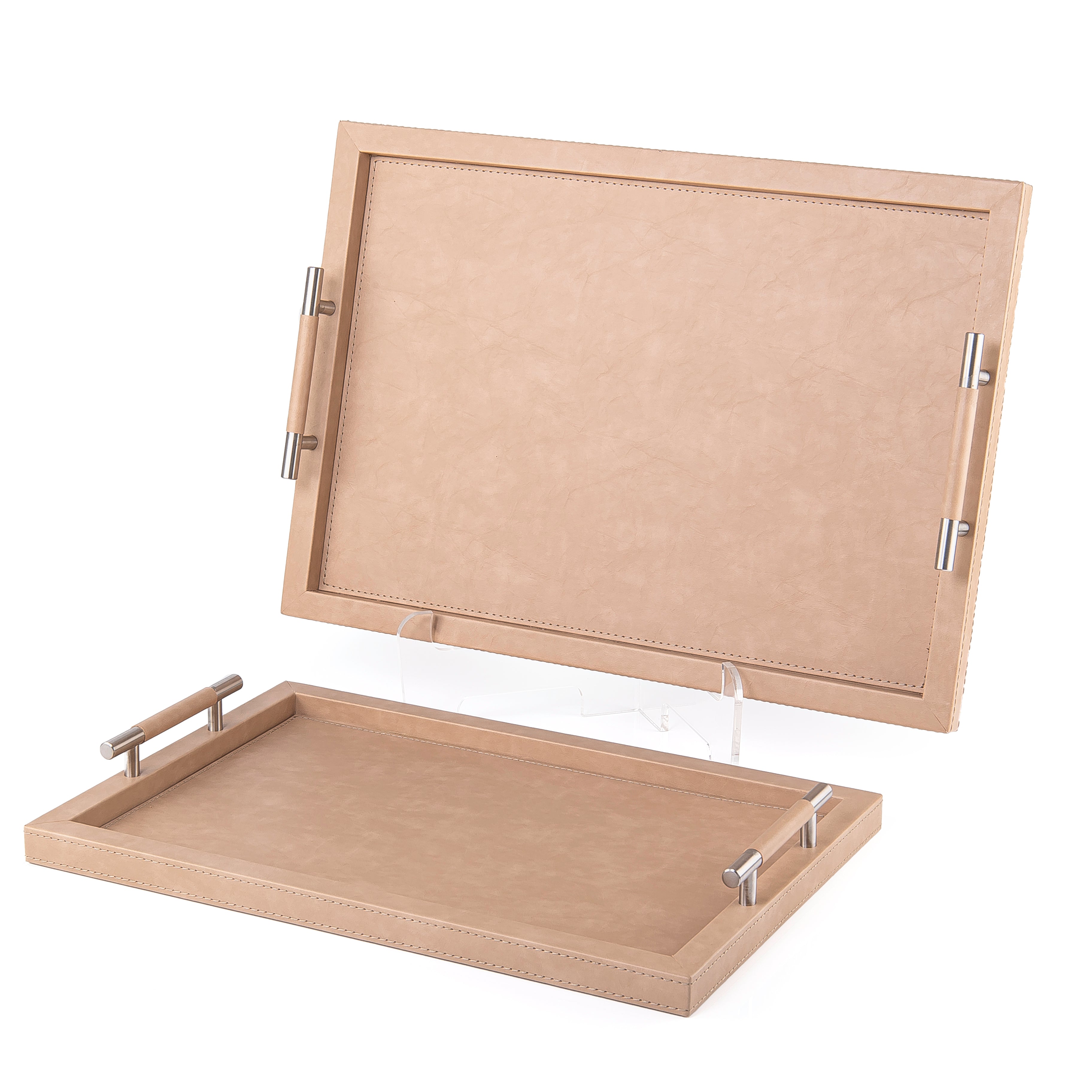 Set of 2 Rectangular Wooden Serving Trays Wrapped with Leather - Beige