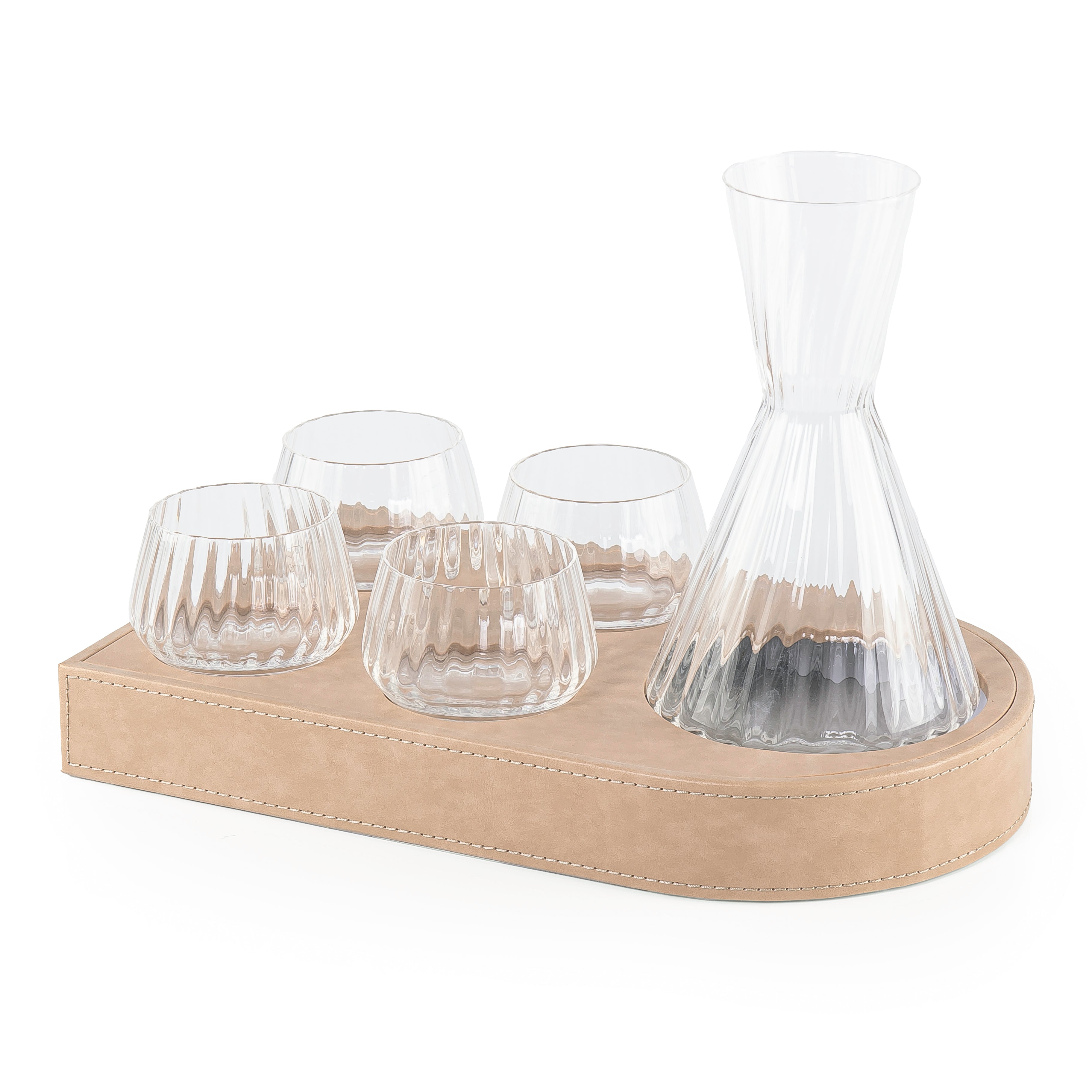 Wooden Tray Set Wrapped in Leather with 4 Cups Carafe and Gift Box - Beige
