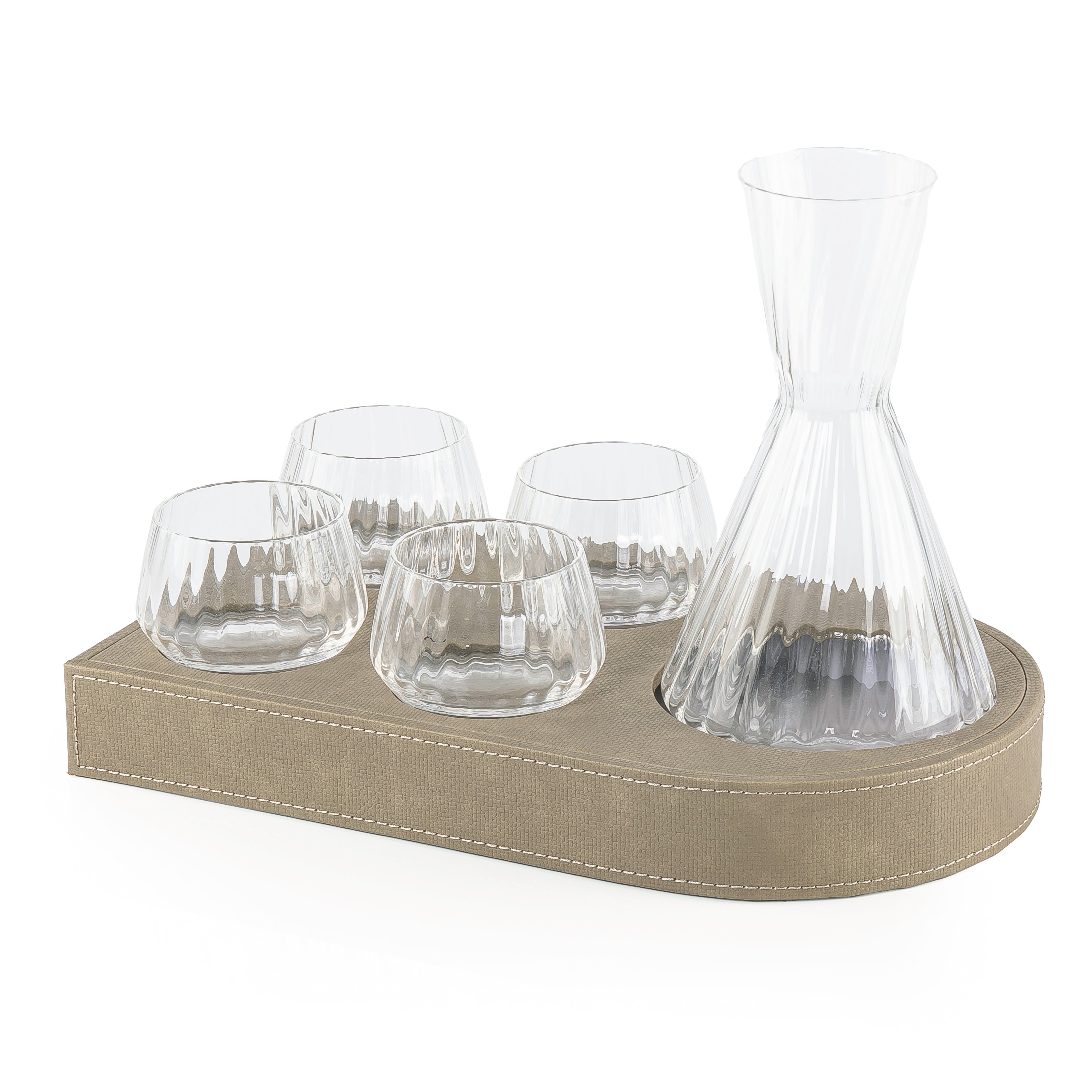 طقم صينية تقديم من الخشب بتلبيسة جلد مع 4 أكواب وإناء وبوكس هدية - زيتي