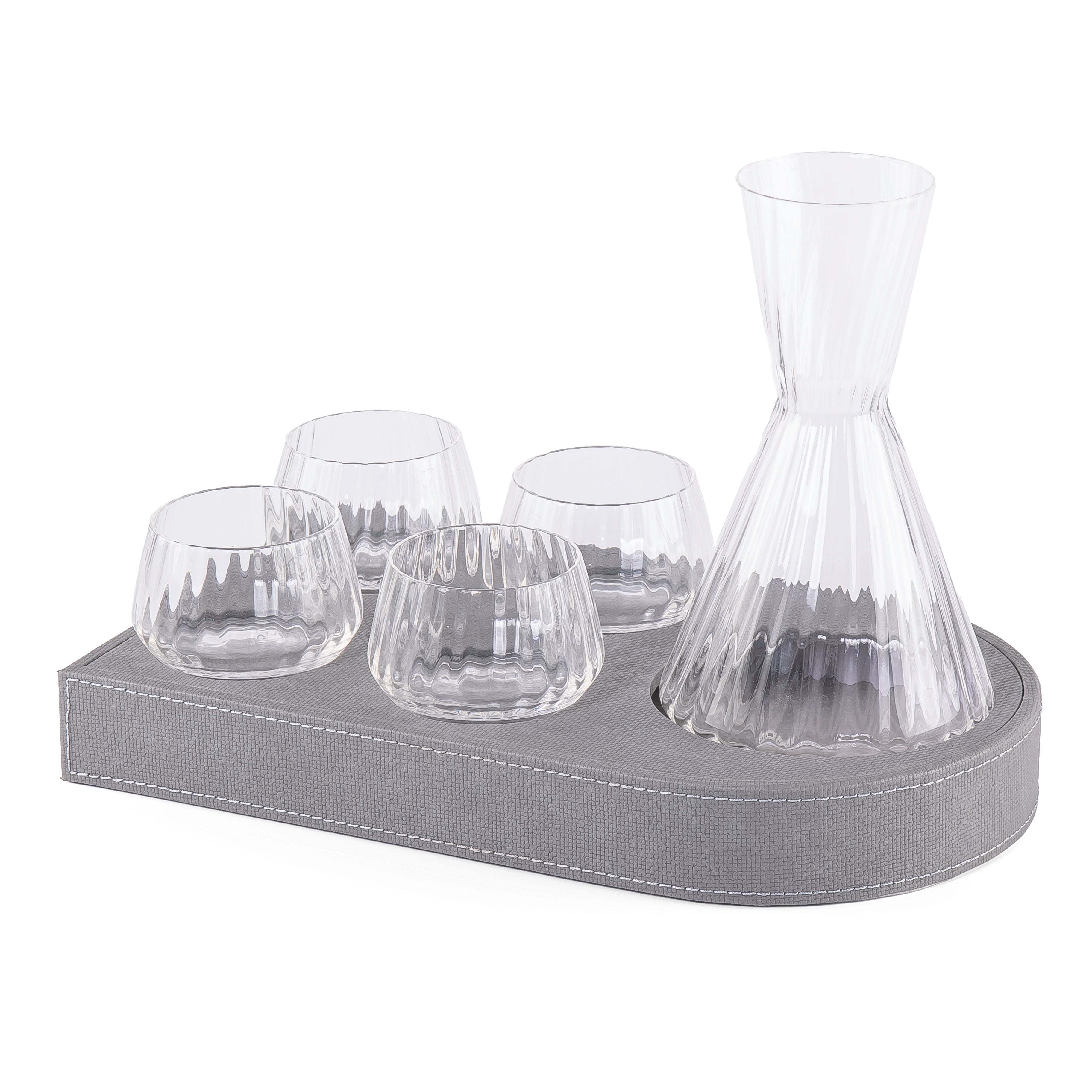 Wooden Tray Set Wrapped in Leather with 4 Cups Carafe and Gift Box - Dark Grey
