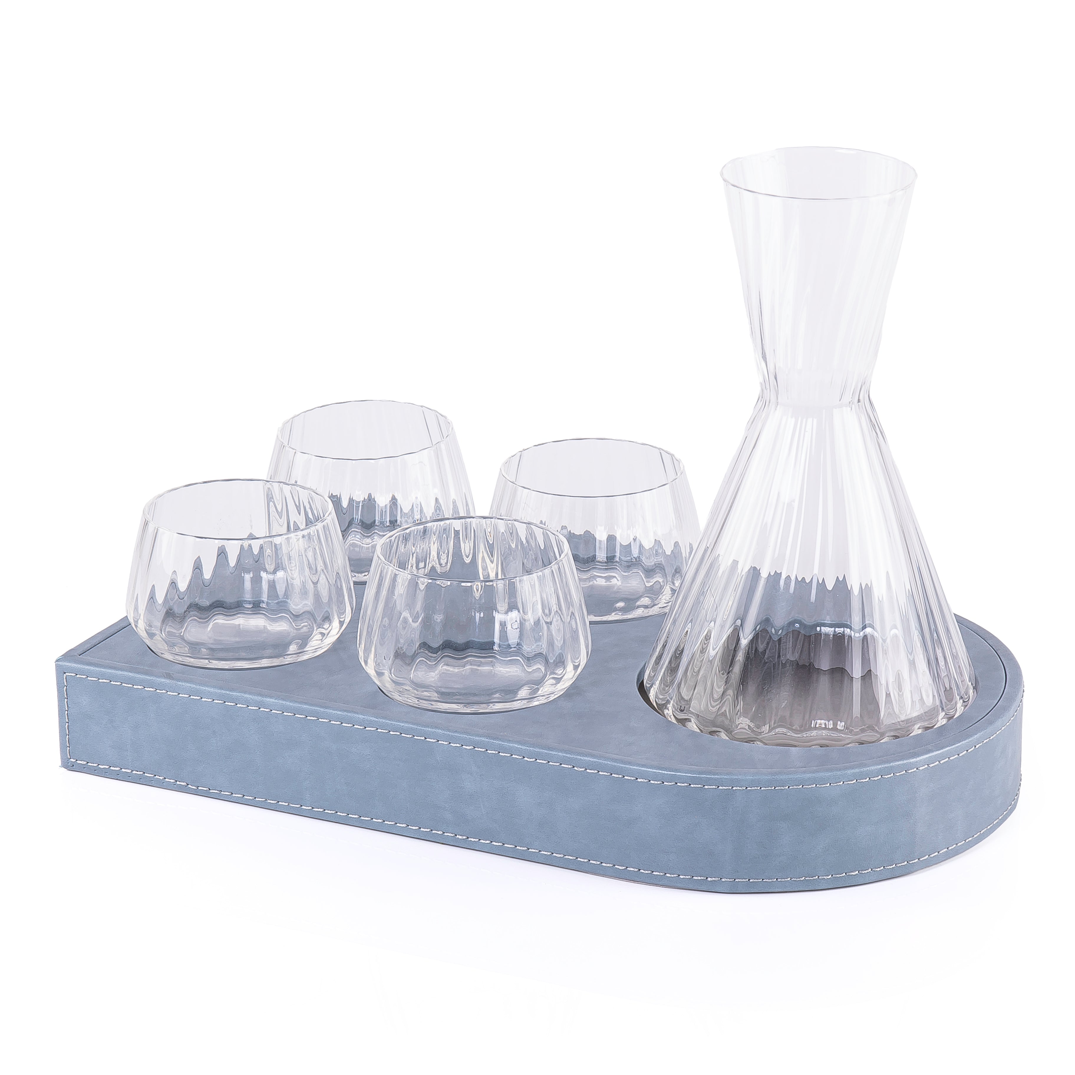 Wooden Tray Set Wrapped in Leather with 4 Cups Carafe and Gift Box - Blue