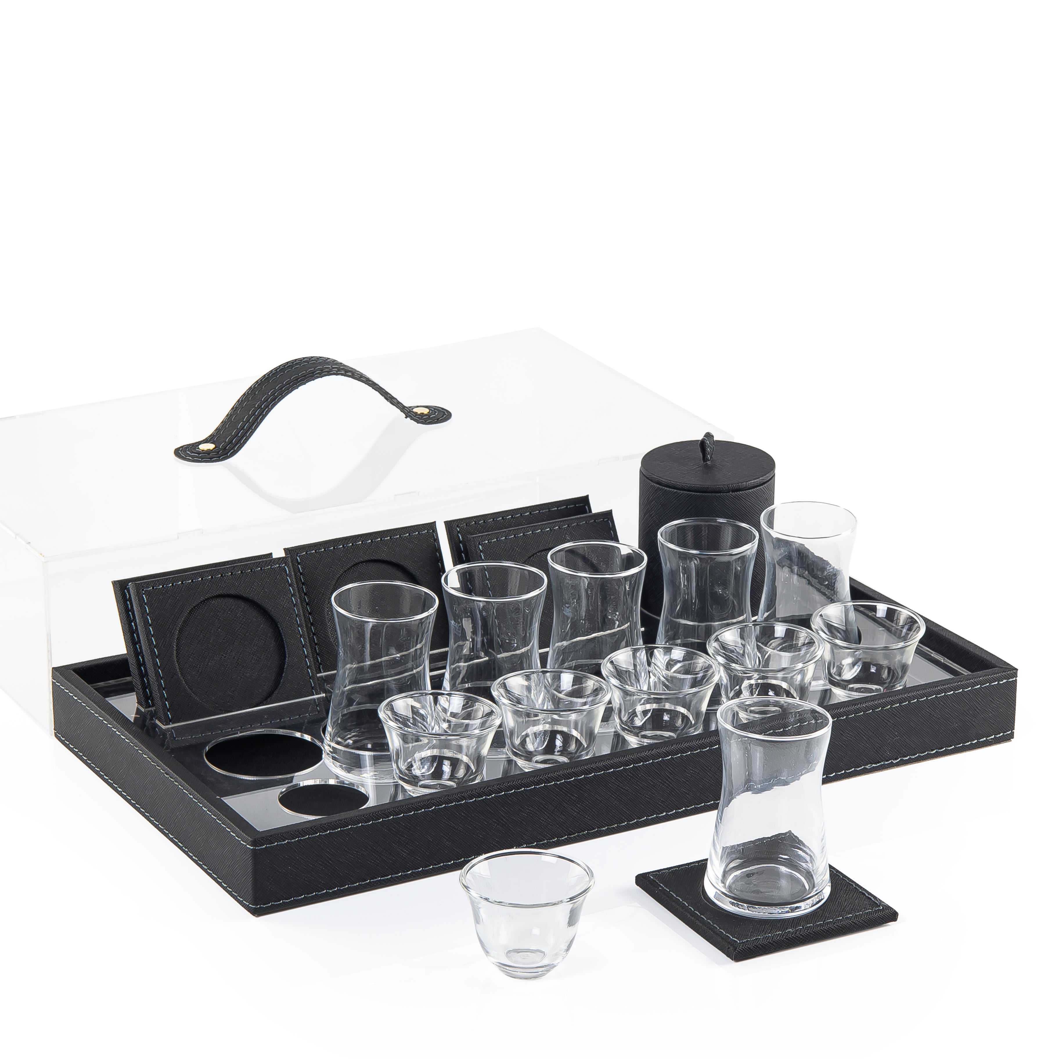 Wooden tray set wrapped in leather with tea & coffee cups a coasters and gift box