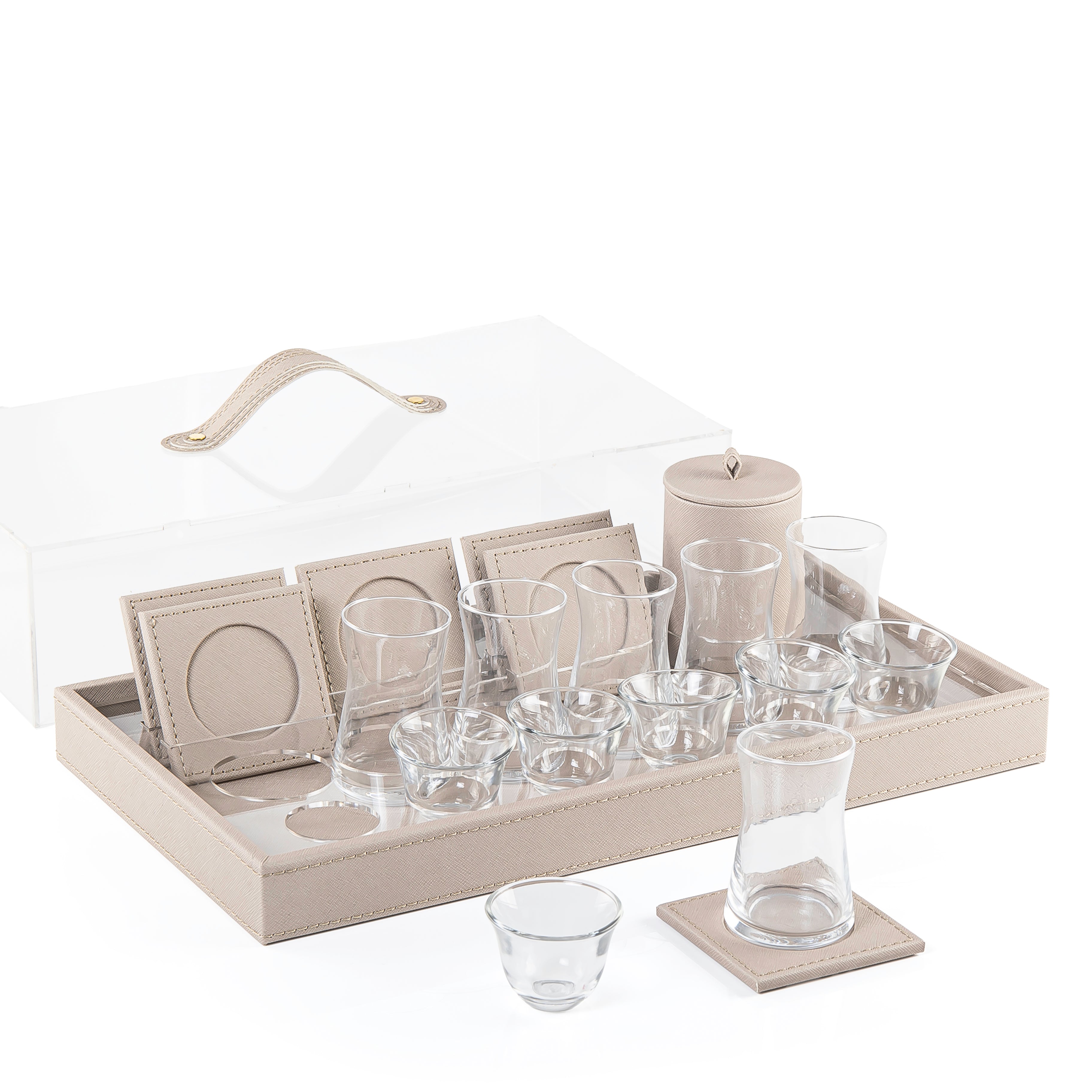 Wooden tray set wrapped in leather with tea & coffee cups a coasters and gift box - Light Grey