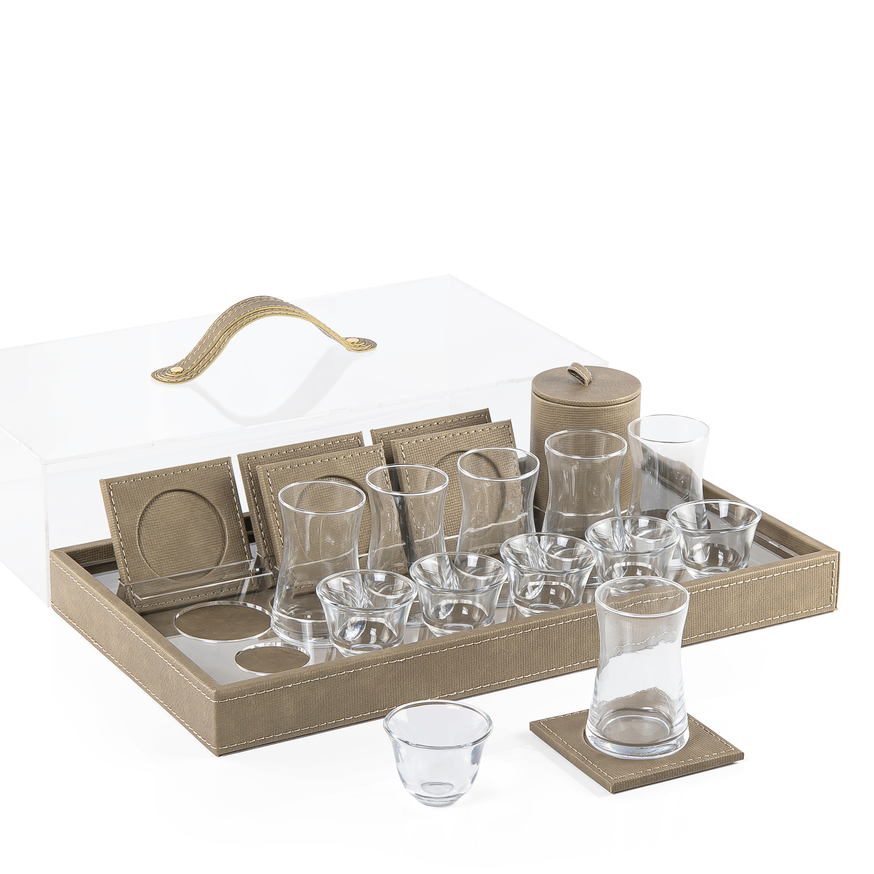 Wooden tray set wrapped in leather with tea & coffee cups a coasters and gift box - Dark Olive