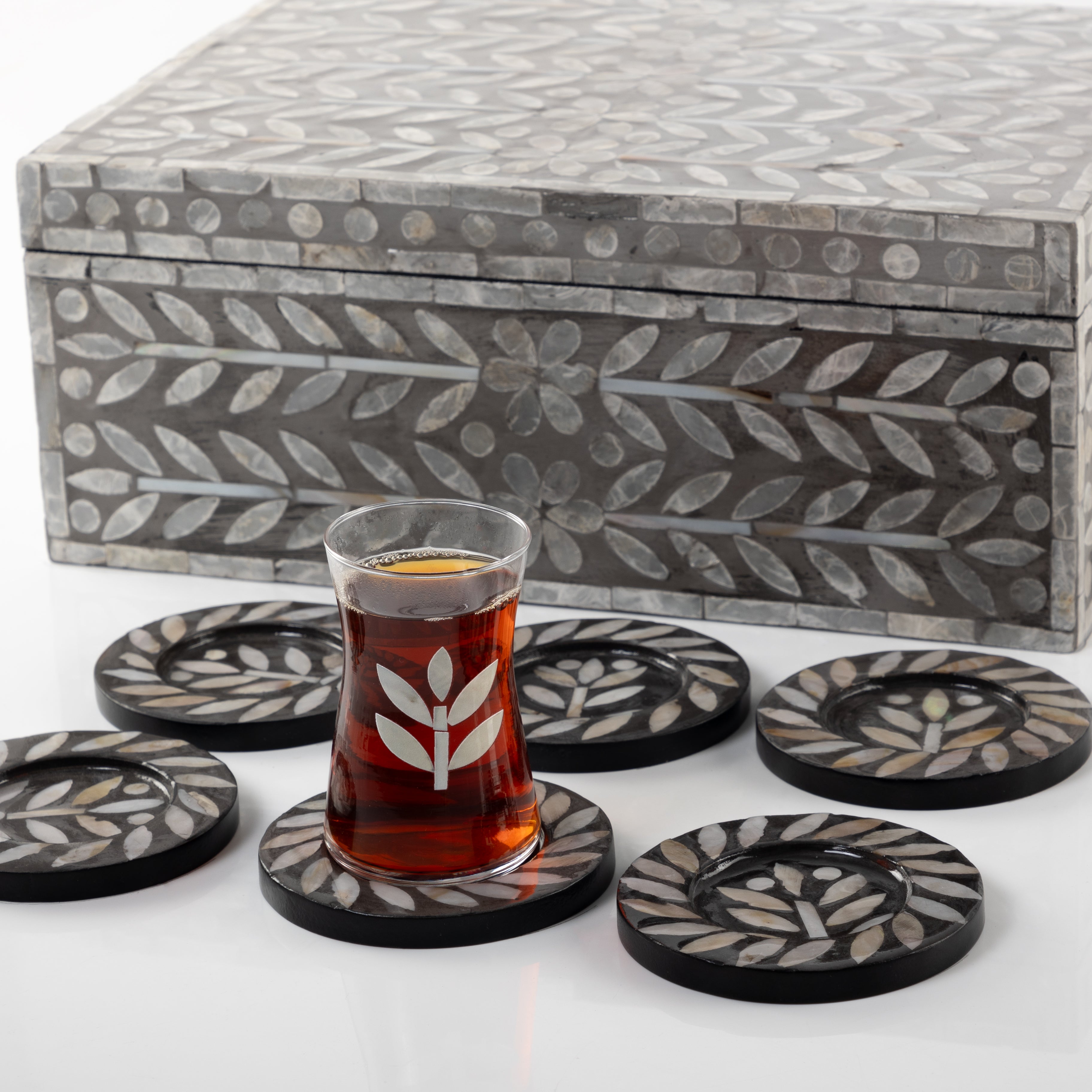 Set of mother pearl 12 coaster with 6 cups for coffee and 6 cups for tea with box - grey