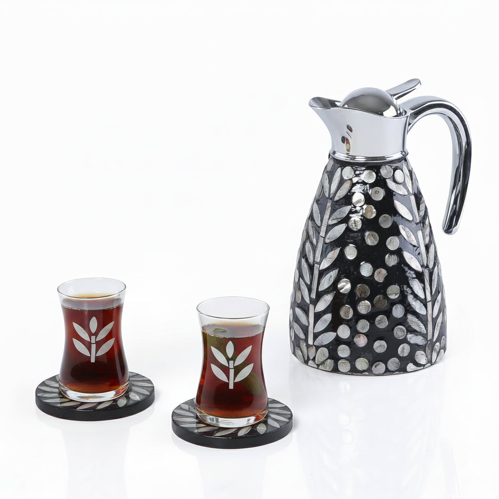 Mother of Pearl Thermos Set with 4 Glass Tea Cups & 4 Saucers in Acrylic Box - Black