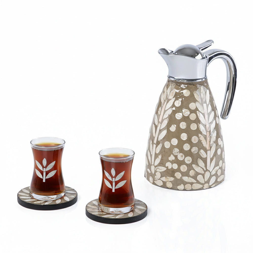 Mother of Pearl Thermos Set with 4 Glass Tea Cups & 4 Saucers in Acrylic Box - Beige