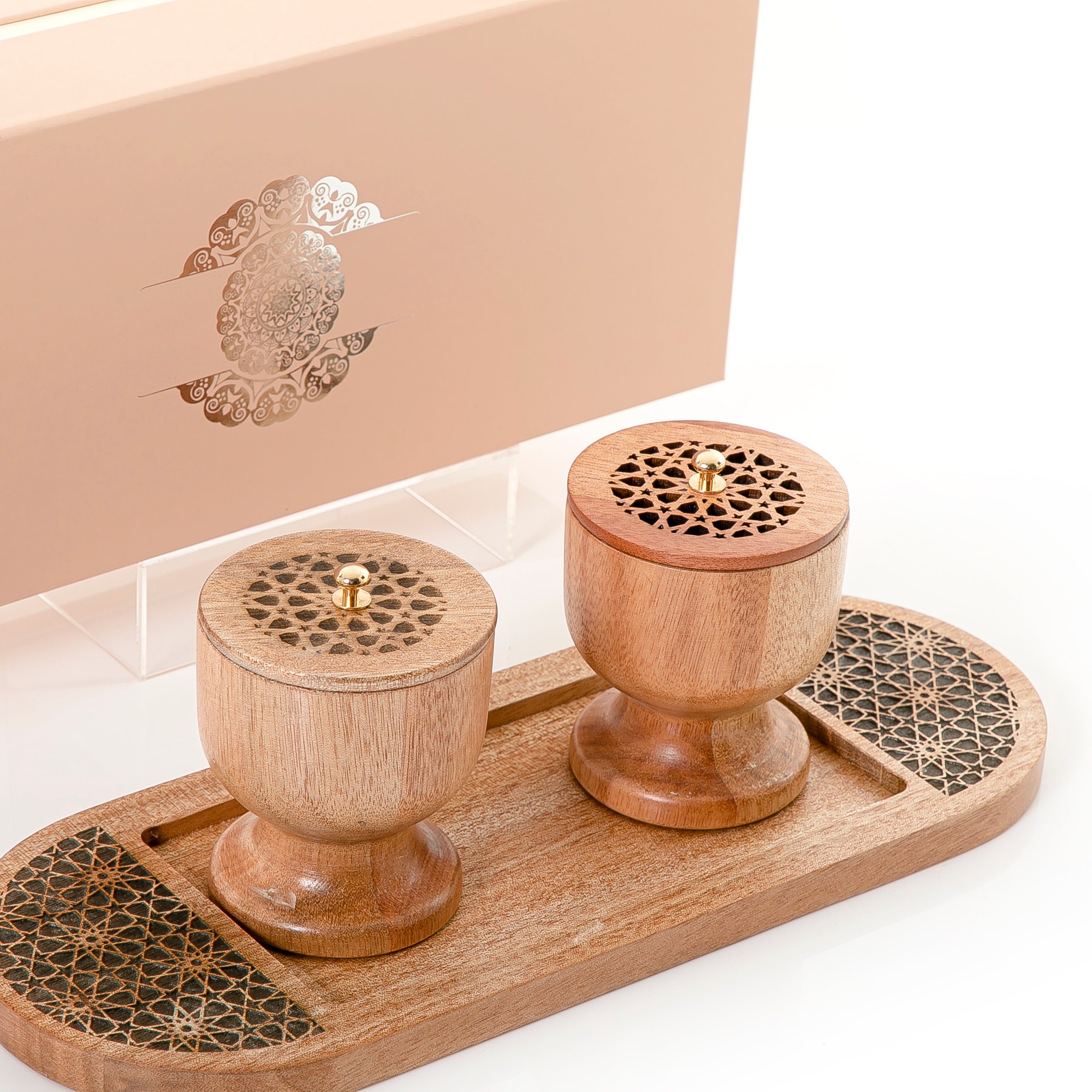 طقم مبخرة خشبية مع علبة بخور وصينية وبوكس هدية