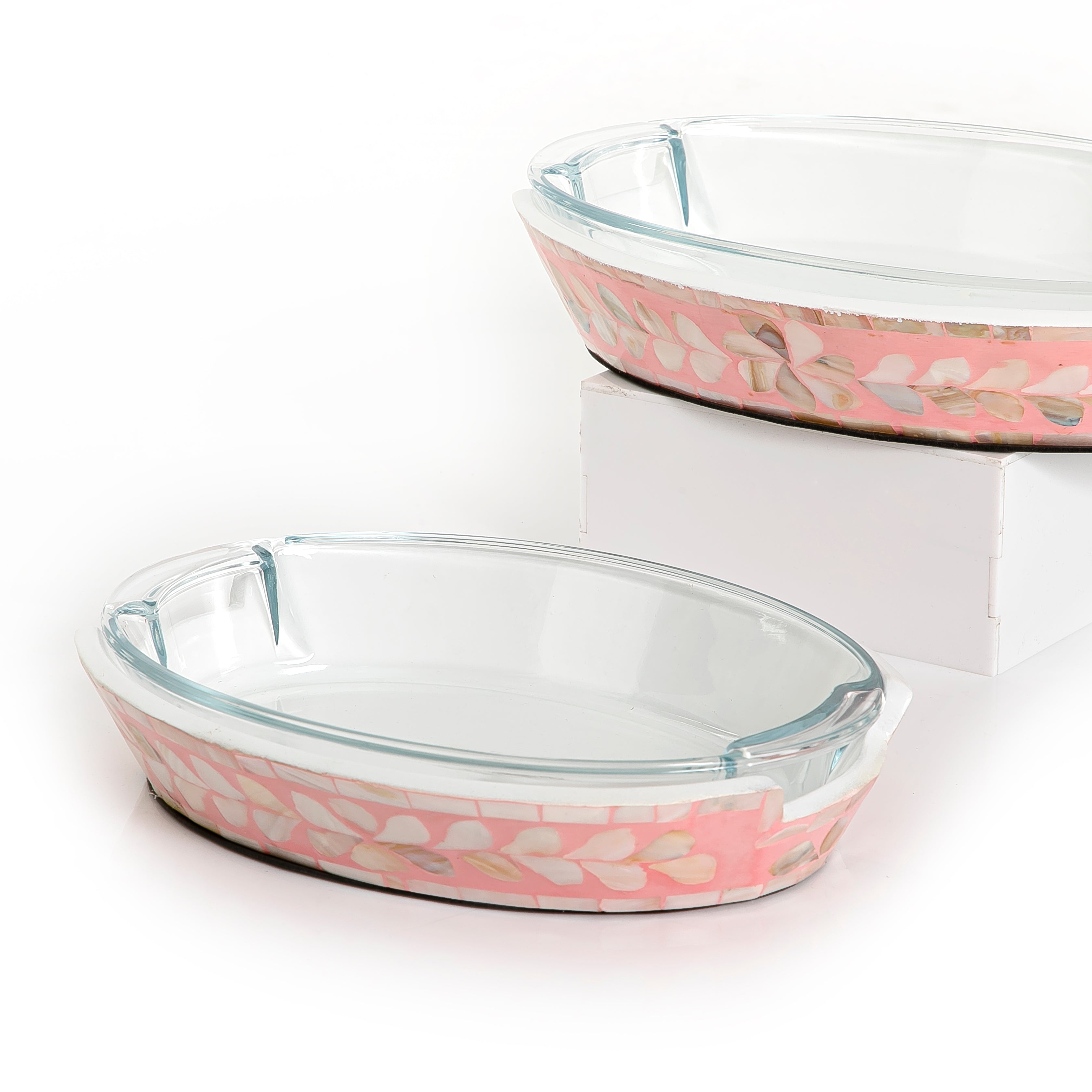 Set of Oval Glass Dishes with Mother of Pearl Base