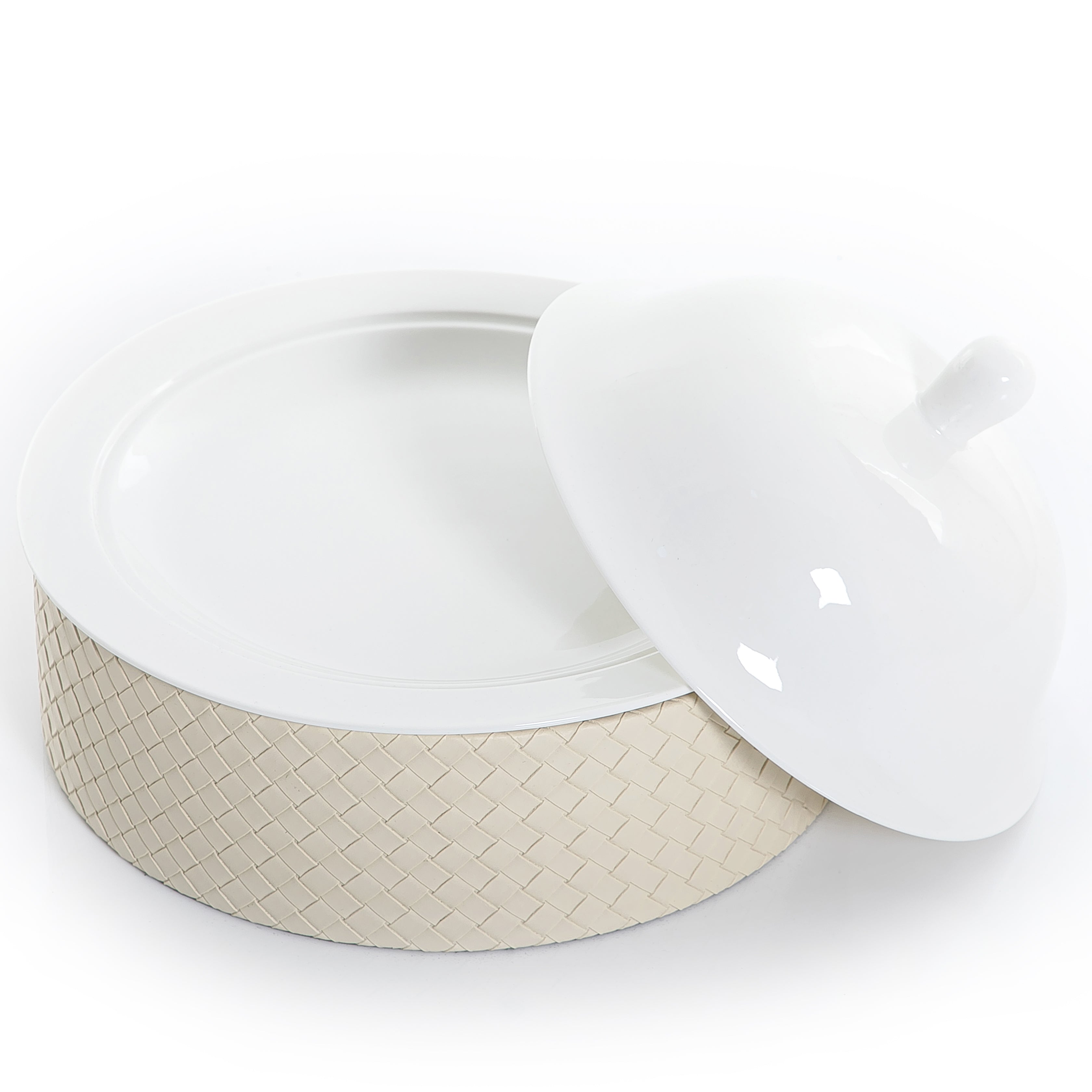 round ceramic plate with cover and white leather base