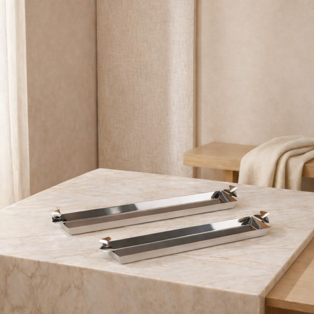 Set of 2 Long Metal Serving Tray with gift box - Silver & Black