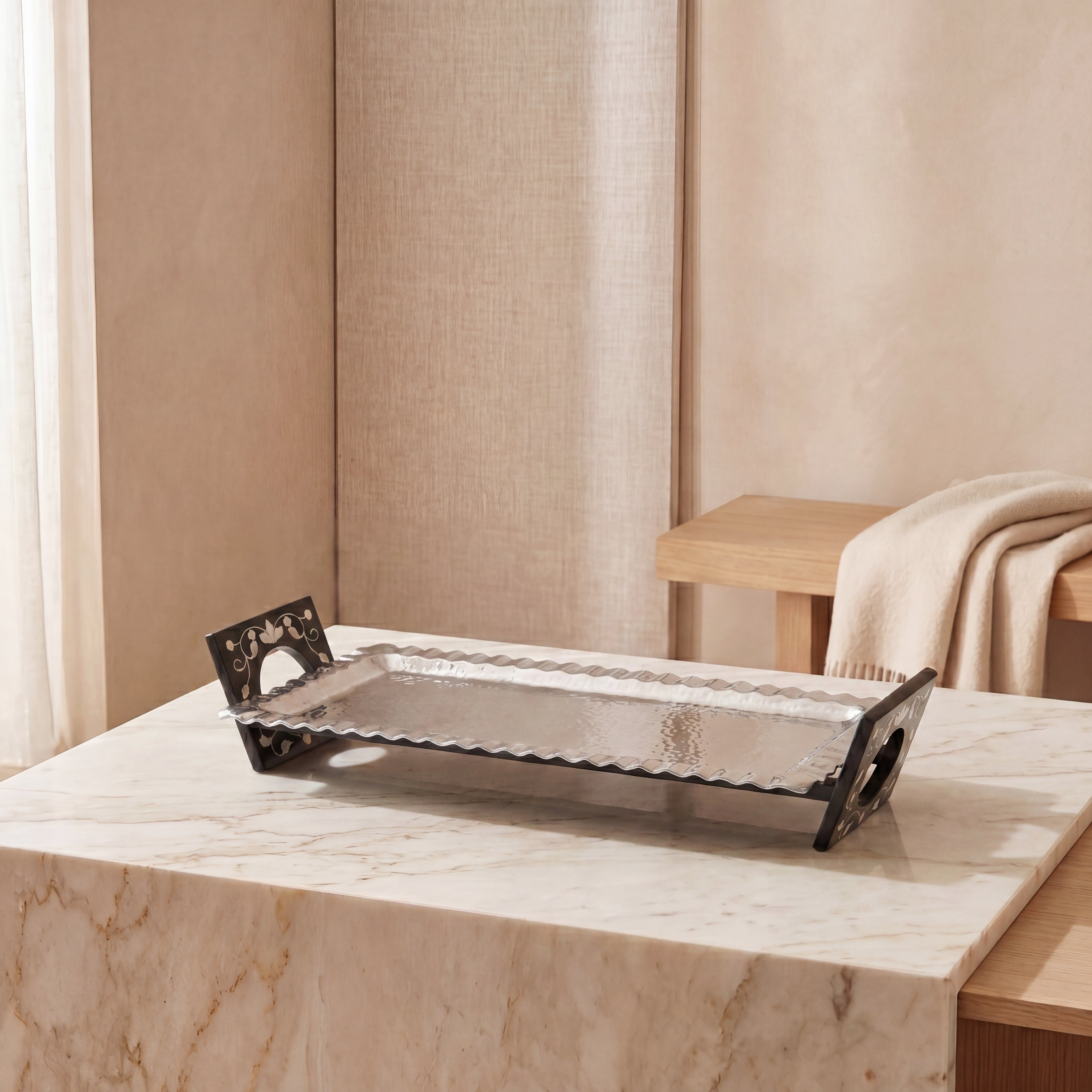 Rectangular Aluminum Serving Tray with Wood and Mother of Pearl Stand - Large
