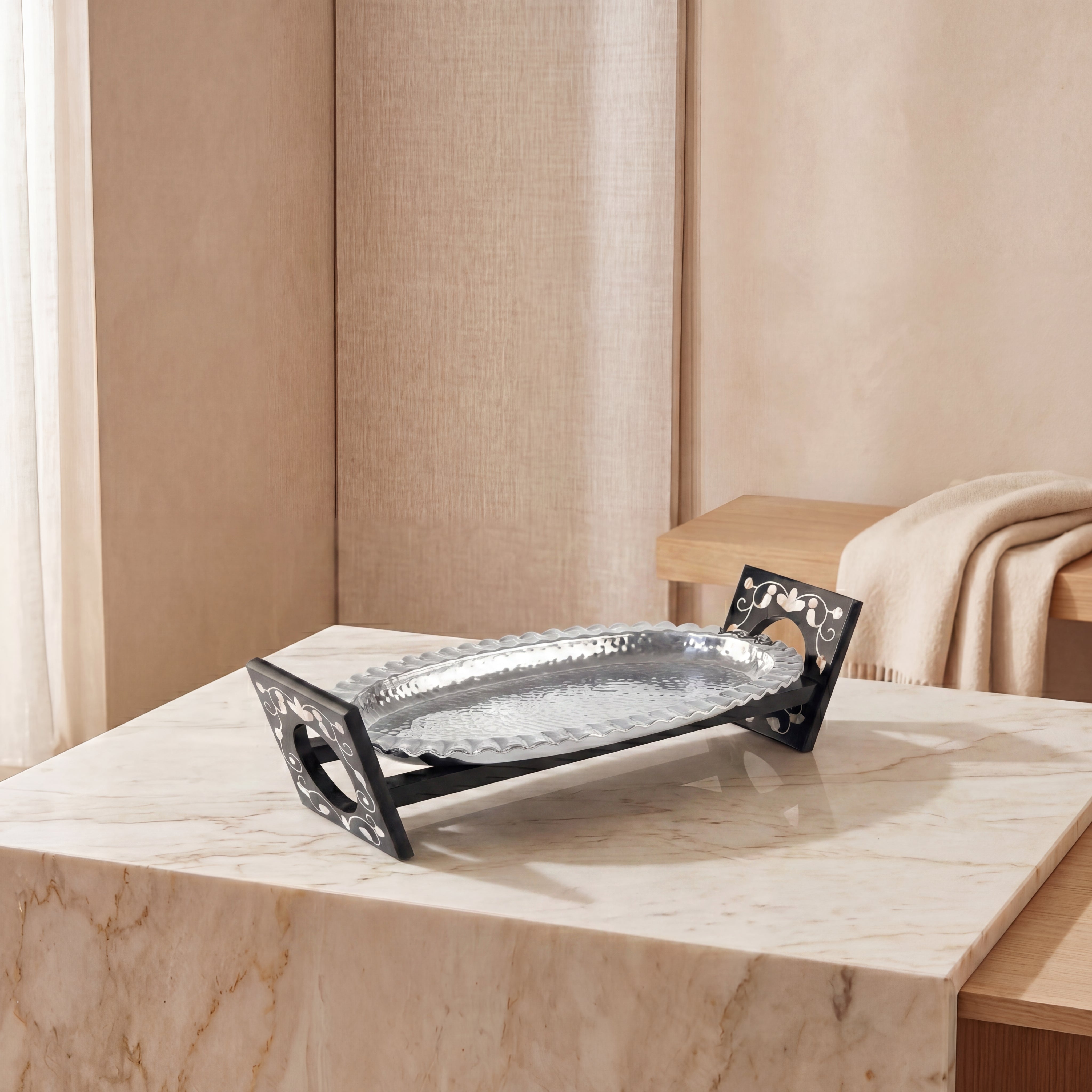 Oval Aluminum Serving Tray with Wood and Mother of Pearl Stand - Medium