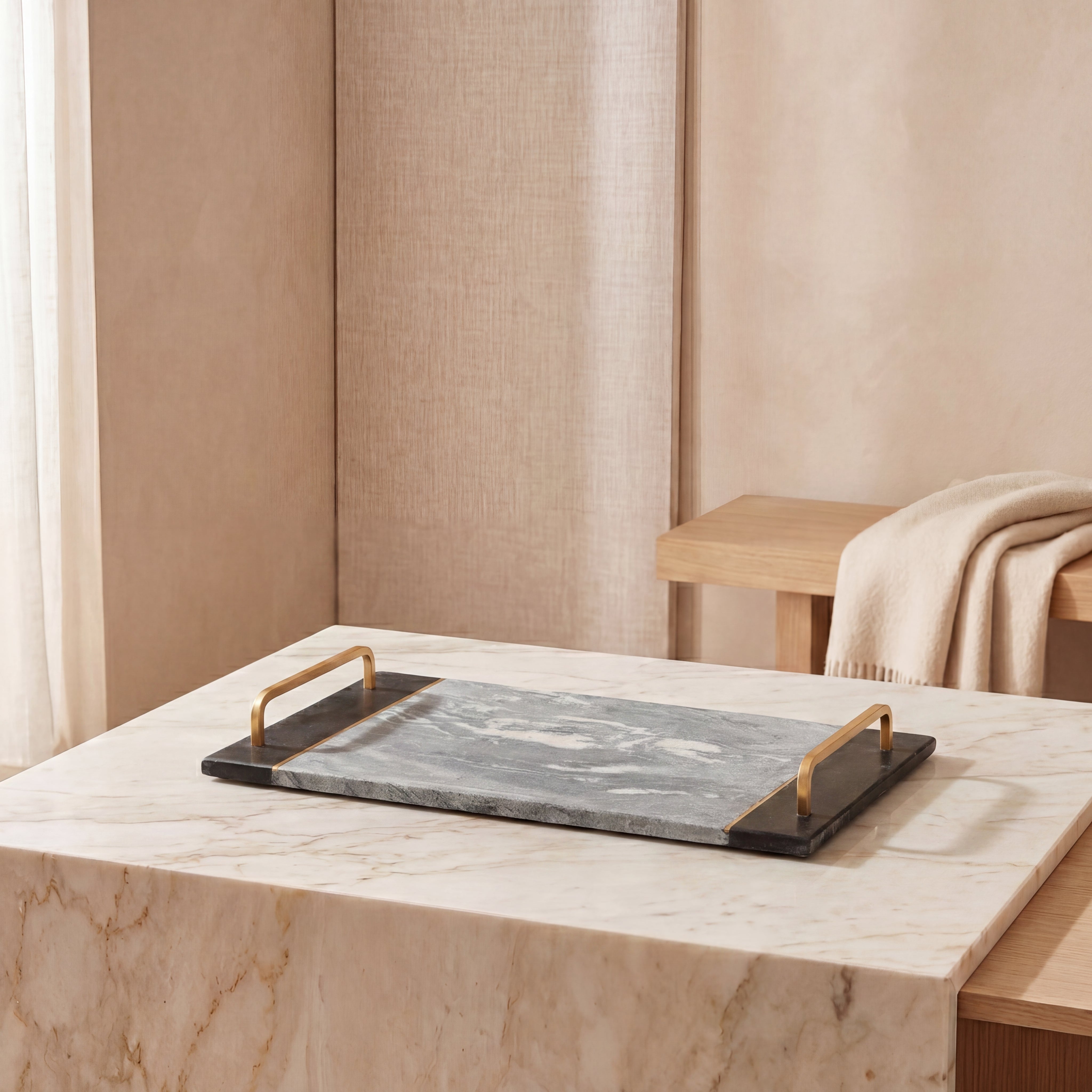 Marble Tray With Metal Handles - Grey/Black